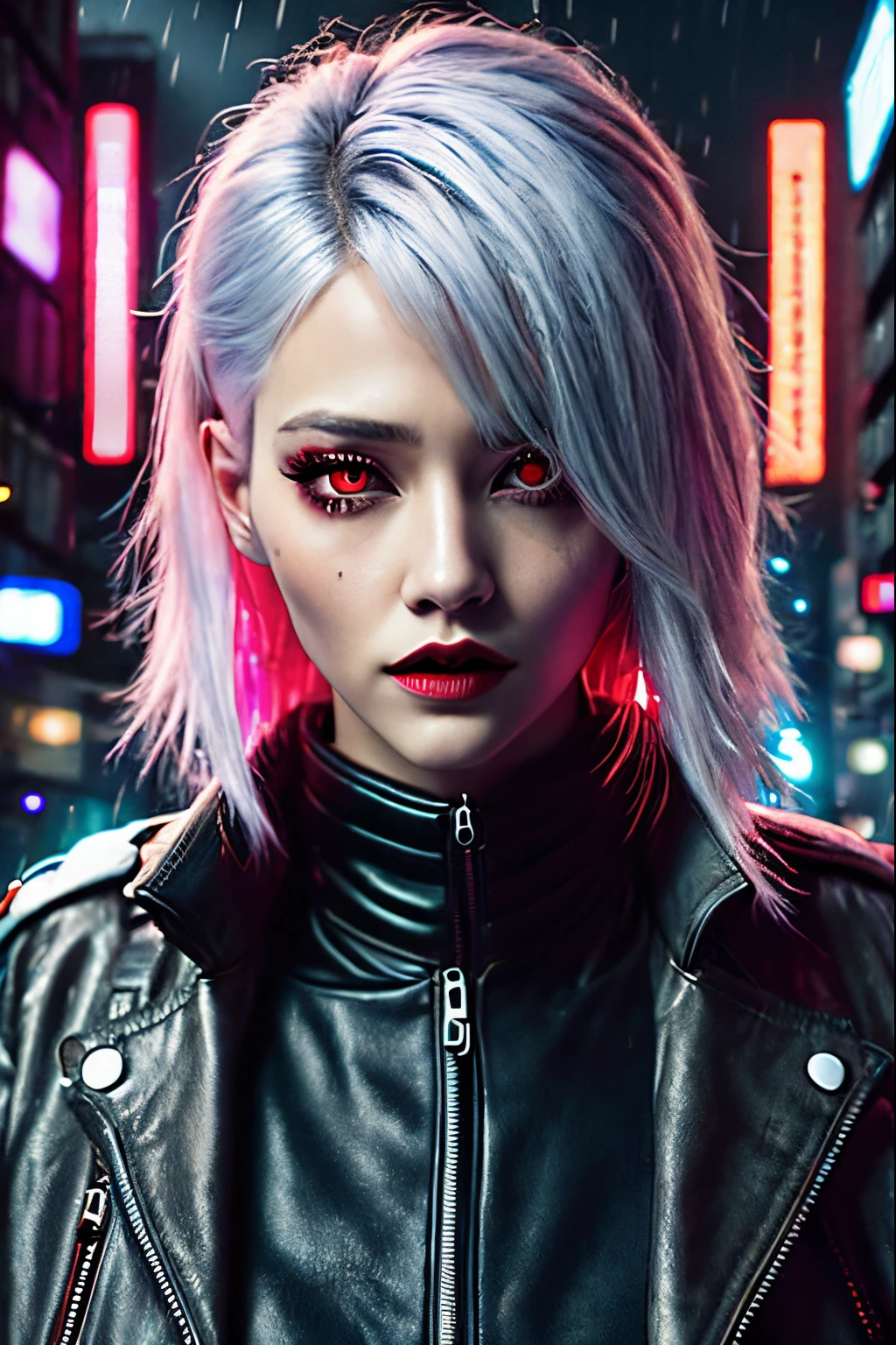 Lucy \(Cyberpunk\), 1Girl, Hair cutting, hime cut, silver haired, Colored tips, full moon, red-eyes, jacket, long sleeves, looking a viewer, Medium Hair, multi-colored hair, Parted bangs, parted lips, rose hair, portraite of a, Red Eyeliner, red-lips, 独奏, white jacket, ciberpunk \(series\), A rainy night in a cyberpunk city with glowing neon lights