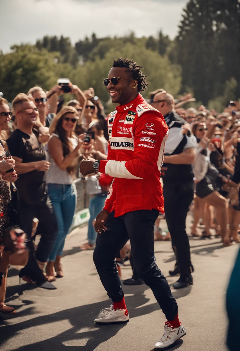 A video of Sterling showing off his dance moves at a rooftop party, surrounded by a crowd of cheering fans and beautiful people.,original,Max “Velocity” Sterling, a fictional Formula One champion, is the epitome of speed and charisma on the racetrack. With a sharp, athletic build, his appearance is as flashy as his driving style, often seen in custom racing gear emblazoned with bold logos and his trademark lightning symbol. His hair is styled with the same carefree audacity that he shows behind the wheel, and his confident, roguish smile has made him a heartthrob in the international racing scene.