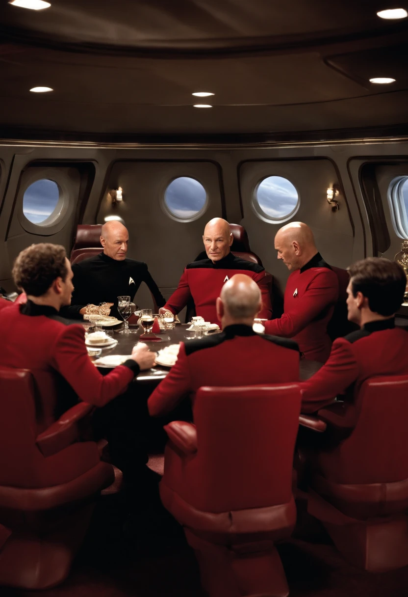 A photo of Captain Picard hosting a lively book club discussion in the ship's lounge, surrounded by engaged crew members.,Star Trek: The Next Generation,Picard is bald, with a poised, upright bearing, and a measured, commanding presence that complements his tactical brilliance. His visage is marked by sharp, discerning eyes and a stately air, often clad in the sleek, red and black Starfleet uniform that denotes his rank and the respect he commands as captain