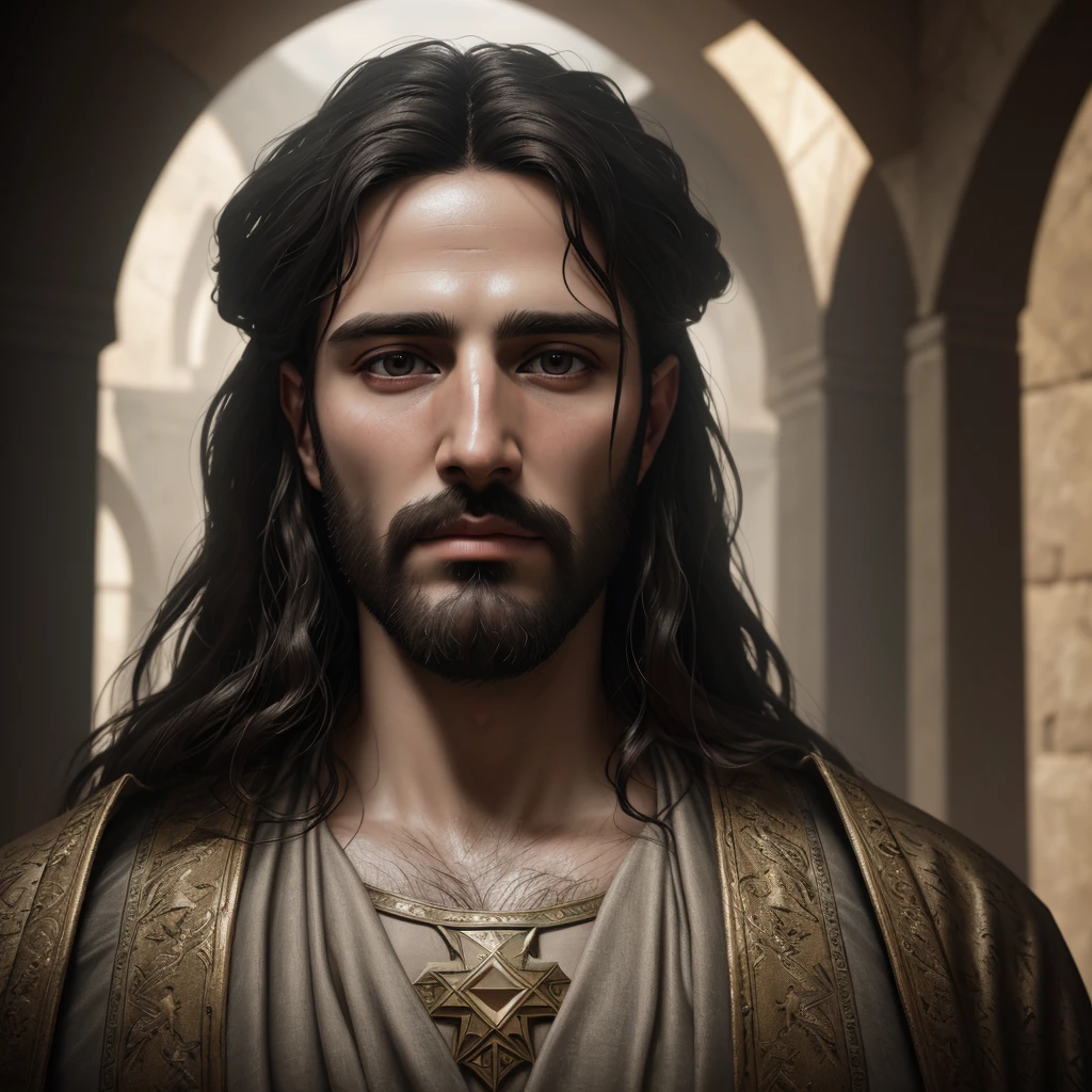 jesus christ, Palestinian, hyper realistic, 8k, AR 2:3, full face, natural background, digital painting, deep dream, Ultra-Wide Angle, Depth of Field , hyperdetailed, insane detail, intricate detail, beautifully color graded, Unreal Engine, Cinematic, Photoshoot, Shot on 80 mm lens