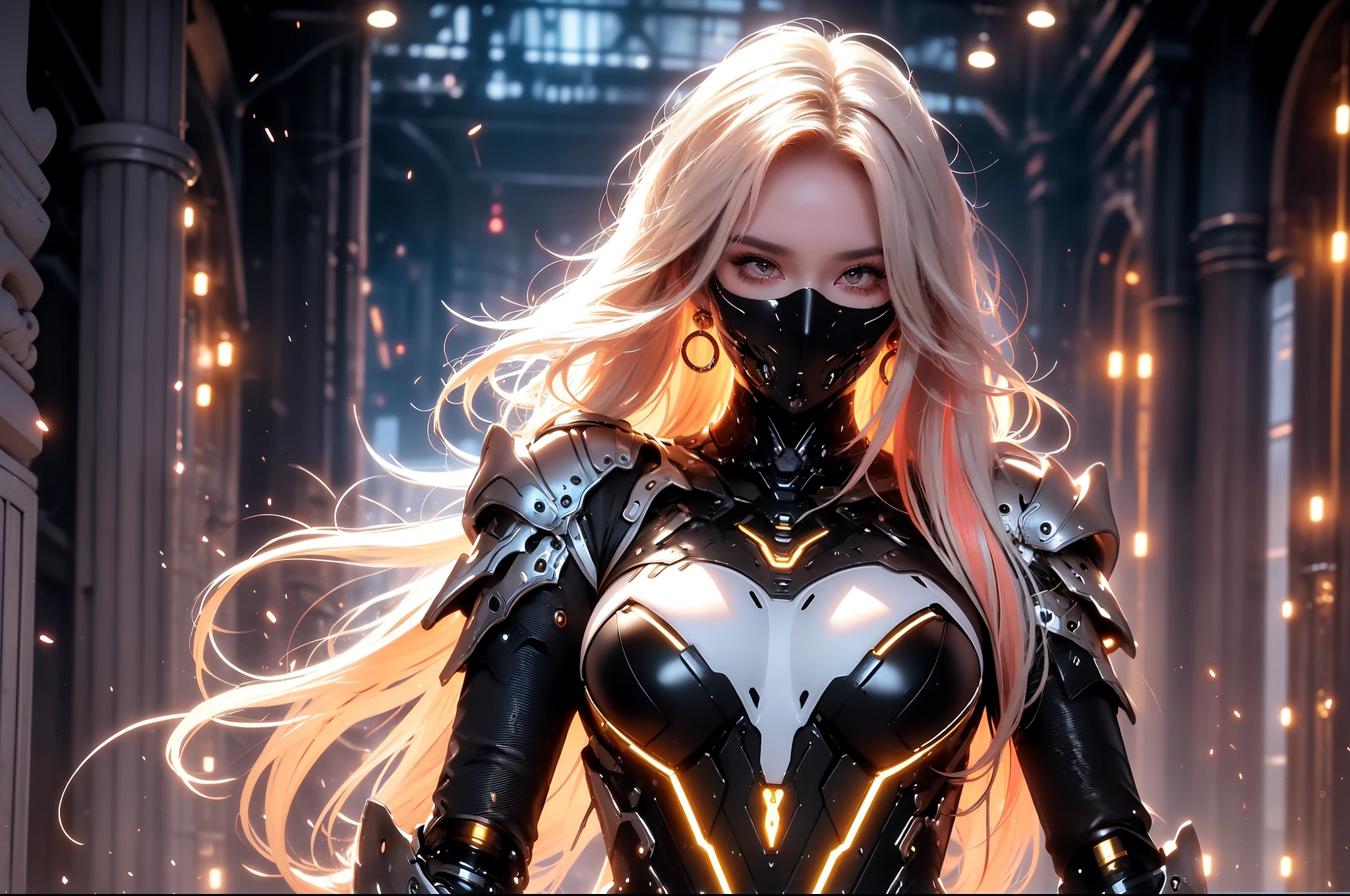 (masterpiece), best quality, expressive eyes, perfect face, beautiful details face, beautiful round eyes, full body, A beautiful mature woman in cyber armour suit shows her Extremely busty and attractive breasts, (arrogant face), (platinum red hair), (curtained hair, streaked hair, expressive hair, shiny hair, glowing hair, multicolored hair, gradient hair, colored inner hair, straight hair, very long hair), fair skin, (beautiful detailed full bodysuit:1.3), (full body cyber armour),(cybernetic wings:1.2, mechanical wing:1.2), glowing and shining armour, silver and orange cyber armour, (Edge lights:1.3), (silver and orange colour scheme:1.3), neon light on armor, beautiful details eyes, (purple eyes:1.3), (glowing eyes:1.2), (Gigantic saggy breasts:1.5), tight breasts, thick body, (well accentuated curves), pink lips, (silver nails), mascara, Long eyelashes, eyeliners, (Extremely wide well defined hips:1.3), (beautiful massive thick thighs:1.3), slender figure, (Extremely detailed skin texture:1.2), beautiful detailed realistic muscle definition, glowing light that shimmer, high detailed eyes, ultra-high quality model, proportionate, intense colouration fantasy, (background fantasy cyber city), orange and gold tetradic colours, random poses, earrings, (1girl), solo, cowboy shot, shine
