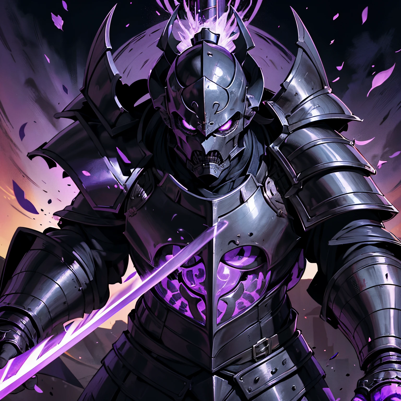 Close-up of a man holding a sword and armor, purple armor, black purple armor, purple demon armor, black fire reflective armor, demon warrior, blood knight, heavy armor and sword god of war, dragon knight, demon warrior, black and purple reflective armor, ruler of hell, Yang J, purple armor, king of cinder