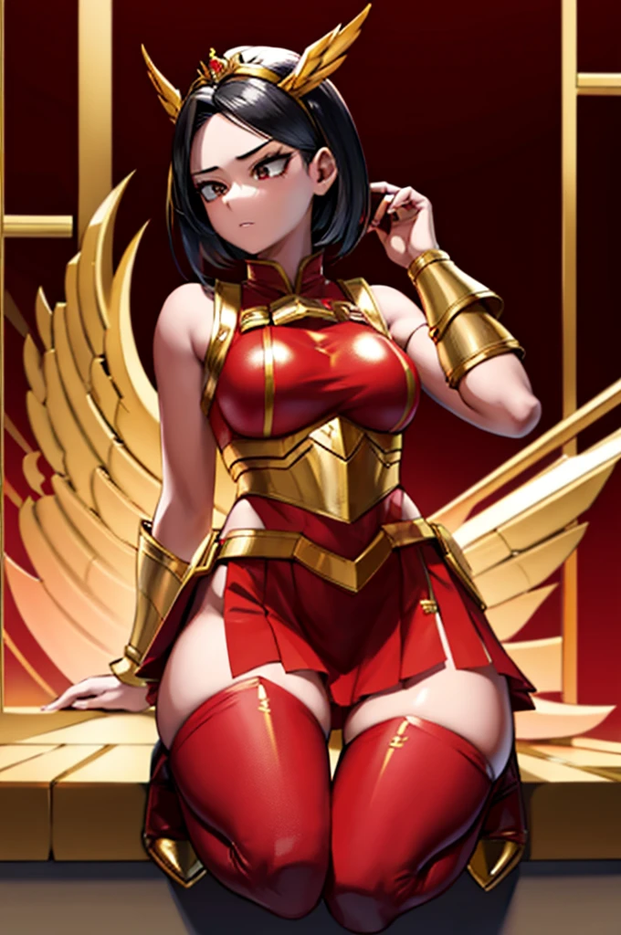 a full body anime style illustration of momo yaoyorozu from My Hero Academia serie, she had on what looked like a solid gold breastplate that barely covered her breasts, tiny pauldrons, a frilly golden gorget, red arm warmers, frilled golden gauntlets, winged greaves, Red thigh high socks, esposed bely, and golden faulds with crimson fabric covering her crotch and outer thighs like a skirted loincloth. She also had on a golden tiara, affording her a certain degree of regality, but it was undercut by the raw, unadulterated appeal of her armor
