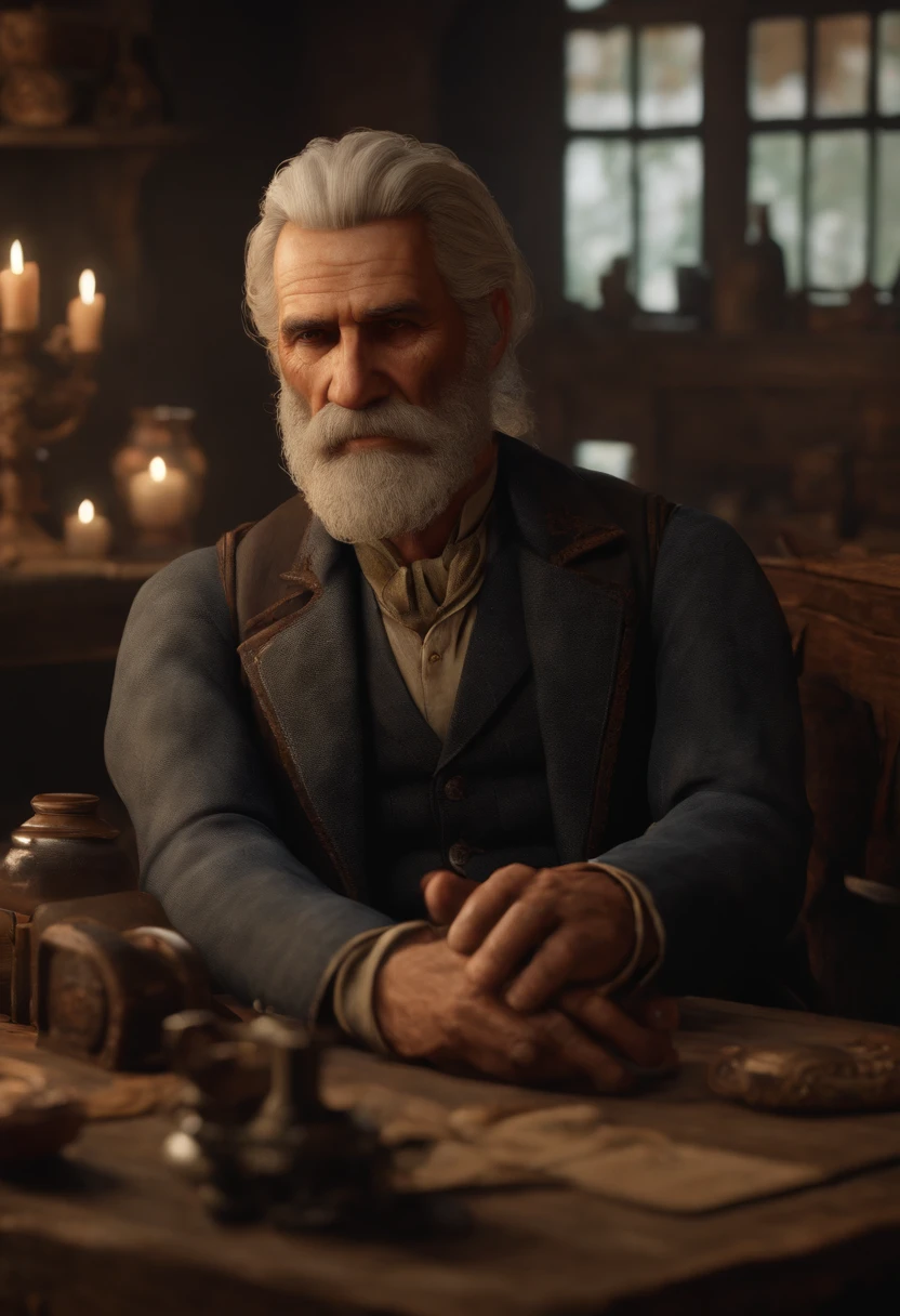 A photo of Hosea showcasing his antique collection of rare and valuable items from around the world.,Red Dead Redemption II, Hosea is a lean, elderly man with neat, silver hair cut short and a clean-shaven face.
