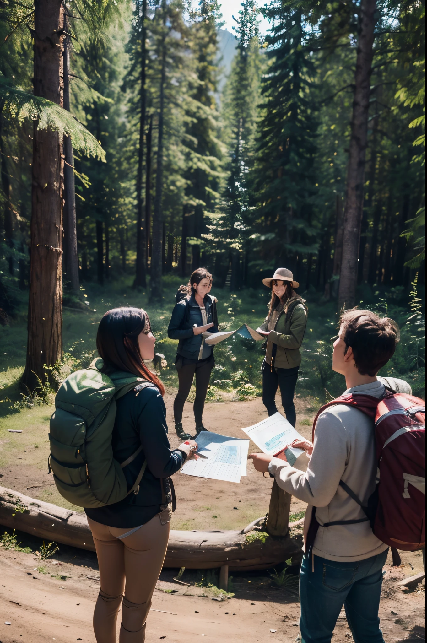 Crie uma imagem de um grupo de mochileiros, Standing in a circle, talking, among the trees of a forest. They are planning the trip, with map in hand