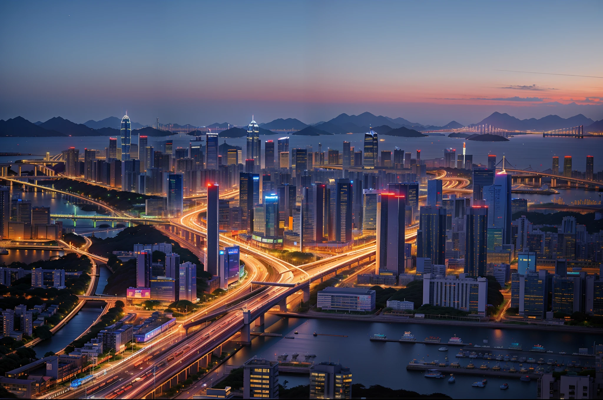 city night scene,There are highways、Bridges, shenzhen, busy cityscape, city dusk landscape, beautiful cityscape, 城市, Photos taken during the blue hour, city sunset night, Twilight background, Shot with Sony A7R camera, Blue Hour Photography, a still of kowloon, author:Joseph Severn, author:Bernardino May