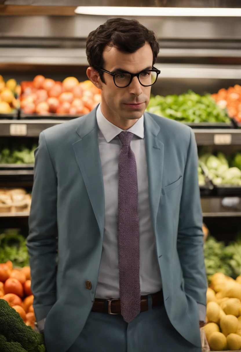 A photo of a colorful farmers market,original,In “Nathan for You,” Nathan Fielder portrays a character of the same name, marked by his plain, somewhat awkward appearance: often seen in a grey suit and tie, with his hair neatly combed and a pair of unremarkable glasses. This understated look complements his on-screen persona, which is characterized by a deadpan expression and a consistently serious demeanor, regardless of the comedic absurdity unfolding around him.