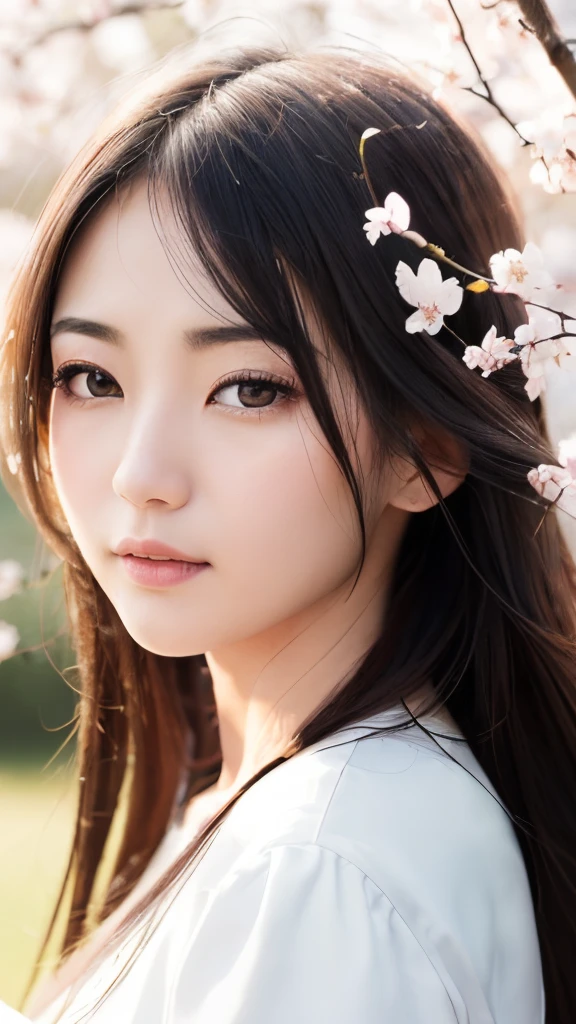(A logo、masterpiece、8K、masutepiece、Raw photo、Fantastic、Best Quality、Photorealistic、extremely detailed CG unified 8k wallpaper、hightquality、ighly detailed、epic poem、Particle effect、Dynamic effects、depth of fields、Cinematic Light、Lens Flare、Ray tracing)、Fantasia、 (Beauty 1 person、White Japanese Clothing、Japanese dress、White cherry blossom pattern、White cherry blossom embroidery pattern、A dark-haired、Beautiful face、Real Face、Beautiful detail eyes、Beautiful skin)、Hair flutters in the wind、Hair jumps、Pink cherry blossom tree、Petals flutter、Sakura blizzard、Superb view、morning glow、Sun in the background、the wind、Deities、tusk、myth、Vast Land、