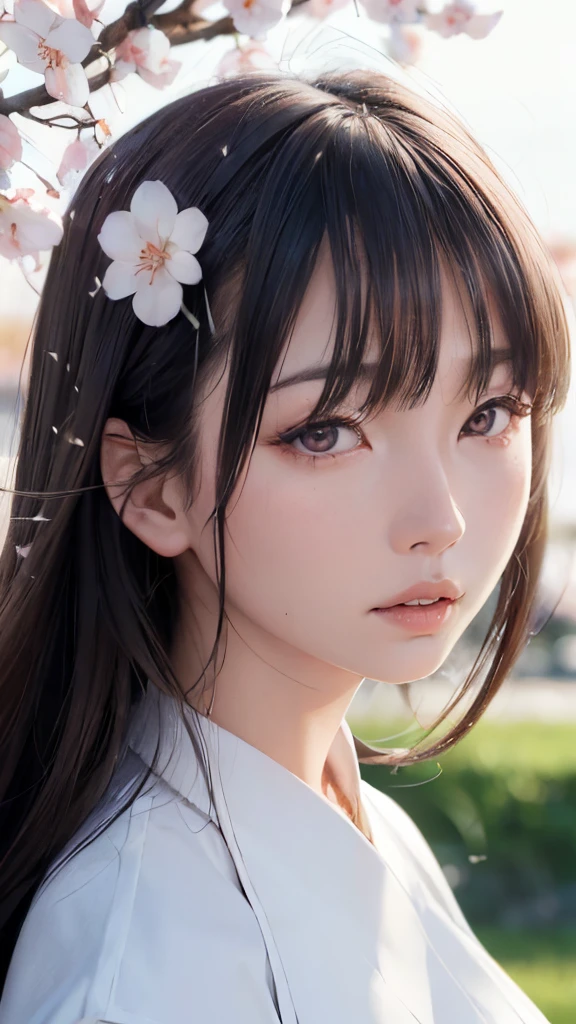 (A logo、masterpiece、8K、masutepiece、Raw photo、Fantastic、Best Quality、Photorealistic、extremely detailed CG unified 8k wallpaper、hightquality、ighly detailed、epic poem、Particle effect、Dynamic effects、depth of fields、Cinematic Light、Lens Flare、Ray tracing)、Fantasia、 (Beauty 1 person、White Japanese Clothing、Japanese dress、White cherry blossom pattern、White cherry blossom embroidery pattern、A dark-haired、Beautiful face、Real Face、Beautiful detail eyes、Beautiful skin)、Hair flutters in the wind、Hair jumps、Pink cherry blossom tree、Petals flutter、Sakura blizzard、Superb view、morning glow、Sun in the background、the wind、Deities、tusk、myth、Vast Land、