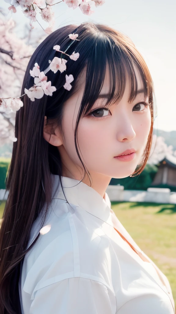 (A logo、​masterpiece、8K、masutepiece、Raw photo、Fantastic、Best Quality、Photorealistic、extremely detailed CG unified 8k wallpaper、hightquality、ighly detailed、epic poem、Particle effect、Dynamic effects、depth of fields、Cinematic Light、Lens Flare、Ray tracing)、Fantasia、 (Beauty 1 person、White Japanese Clothing、Japanese dress、White cherry blossom pattern、White cherry blossom embroidery pattern、A dark-haired、Beautiful face、Real Face、Beautiful detail eyes、Beautiful skin)、Hair flutters in the wind、Hair jumps、Pink cherry blossom tree、Petals flutter、Sakura blizzard、Superb view、morning glow、Sun in the background、the wind、Deities、tusk、myth、Vast Land、