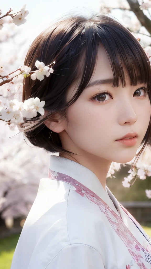(A logo、masterpiece、8K、masutepiece、Raw photo、Fantastic、Best Quality、Photorealistic、extremely detailed CG unified 8k wallpaper、hightquality、ighly detailed、epic poem、Particle effect、Dynamic effects、depth of fields、Cinematic Light、Lens Flare、Ray tracing)、Fantasia、 (Beauty 1 person、White Japanese Clothing、Japanese dress、White cherry blossom pattern、White cherry blossom embroidery pattern、A dark-haired、Beautiful face、Real Face、Beautiful detail eyes、Beautiful skin)、Hair flutters in the wind、Hair jumps、Pink cherry blossom tree、Petals flutter、Sakura blizzard、Superb view、morning glow、Sun in the background、the wind、Deities、tusk、myth、Vast Land、