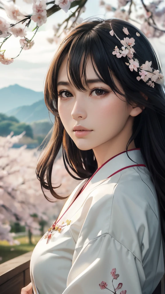 (A logo、masterpiece、8K、masutepiece、Raw photo、Fantastic、Best Quality、Photorealistic、extremely detailed CG unified 8k wallpaper、hightquality、ighly detailed、epic poem、Particle effect、Dynamic effects、depth of fields、Cinematic Light、Lens Flare、Ray tracing)、Fantasia、 (Beauty 1 person、White Japanese Clothing、Japanese dress、White cherry blossom pattern、White cherry blossom embroidery pattern、A dark-haired、Beautiful face、Real Face、Beautiful detail eyes、Beautiful skin)、Hair flutters in the wind、Hair jumps、Pink cherry blossom tree、Petals flutter、Sakura blizzard、Superb view、morning glow、Sun in the background、the wind、Deities、tusk、myth、Vast Land、