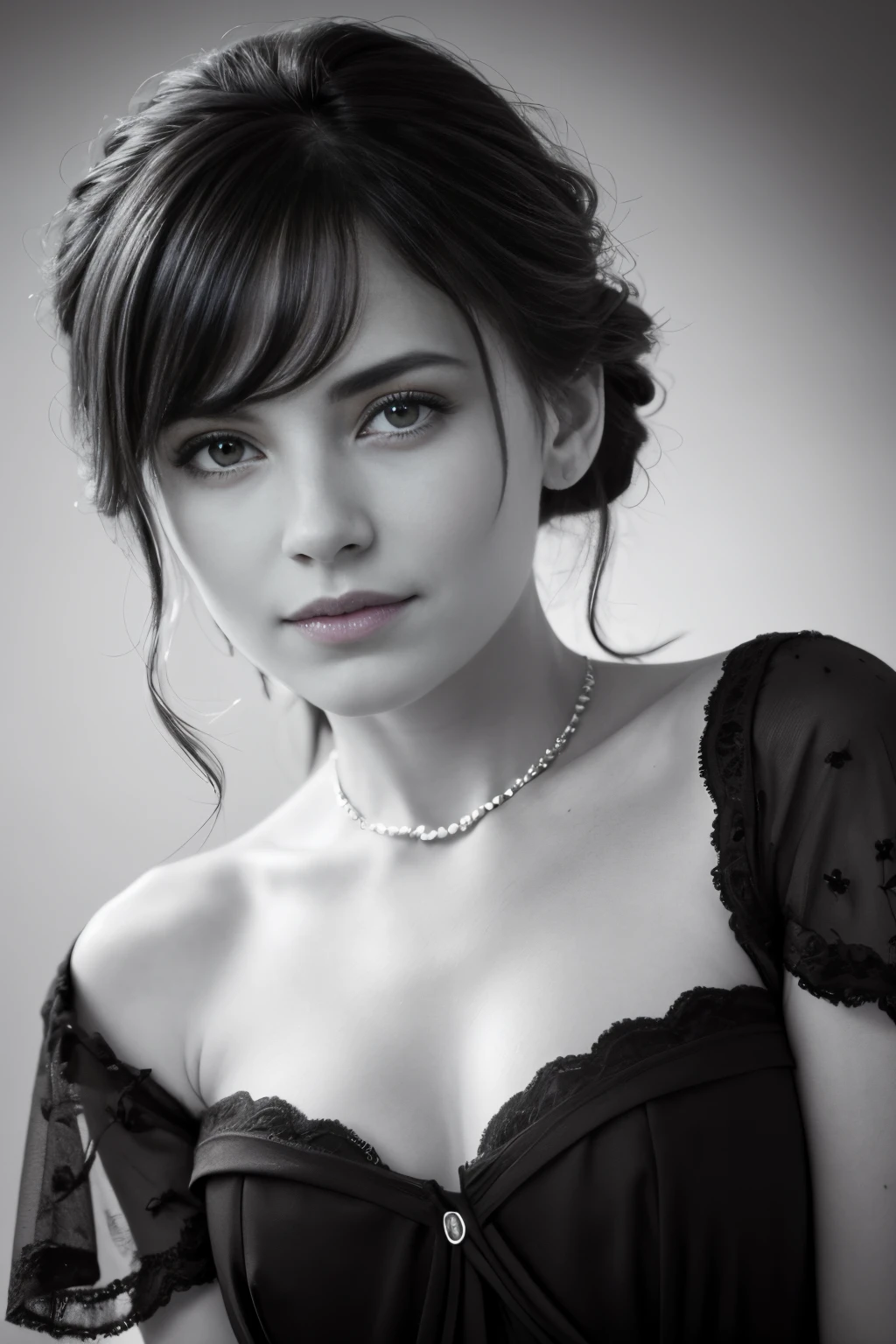 8k, highest quality, ultra details, Emma, European-American beauty, woman, classic black and white portrait, timeless beauty, capturing the essence of elegance.