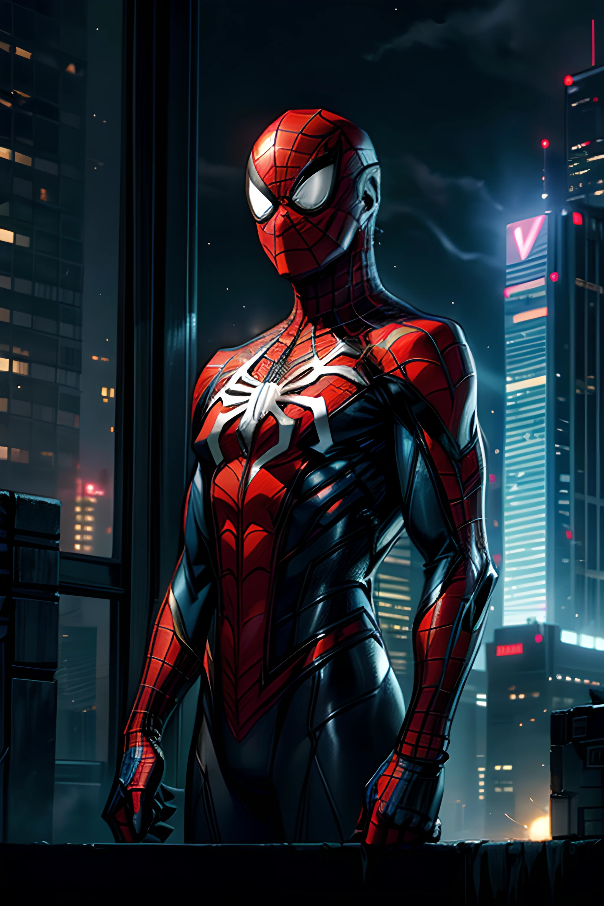 Generate an image of Spider-Man standing atop a skyscraper at night in a cyberpunk-style futuristic city. Spider-Man is positioned at the edge of the building, overlooking the metropolis below. The cityscape should be filled with towering skyscrapers illuminated by neon lights. The streets bustling with flying vehicles and glowing billboards. The night sky adorned with holograms and futuristic structures, creating a technological ambiance. Detailed elements such as window reflections, realistic lighting effects, and shadows are crucial to crafting an immersive and cinematic scene