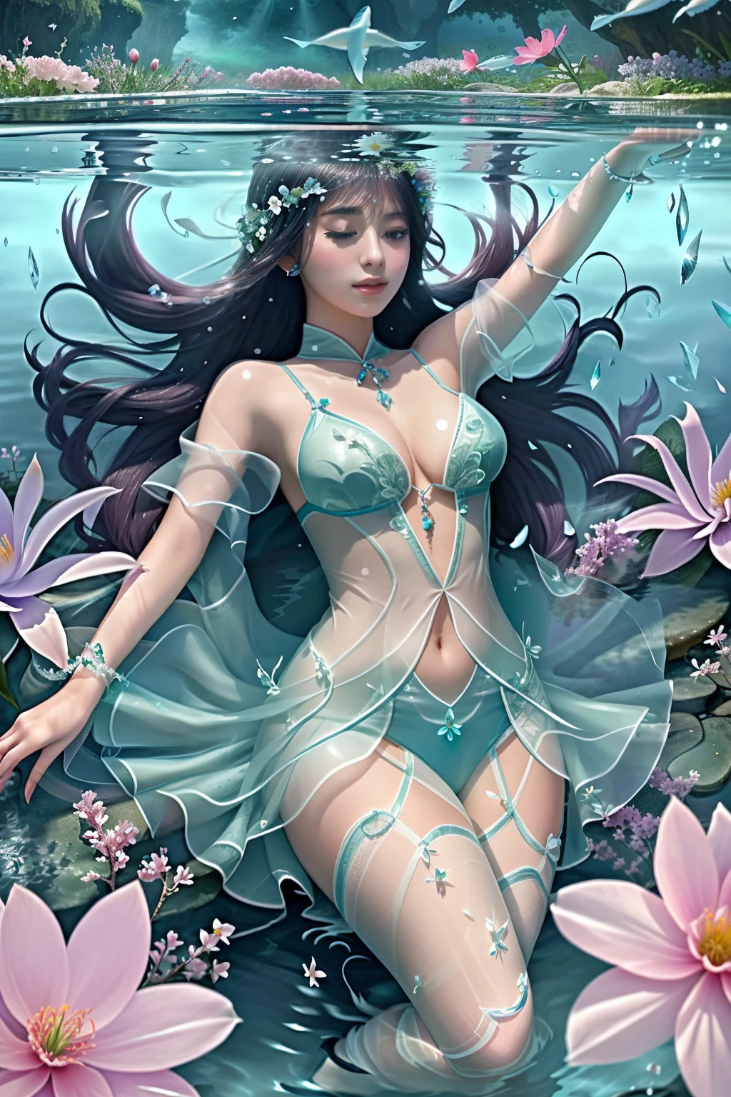 A breathtakingly serene image captures a woman submerged in crystal-c lear water, enchantingly surrounded by delicate, floating flowers. The girl's ethereal presence emanates tranquility, her graceful form buoyantly gliding amidst the water's embrace. The captivating scene, showcases vibrant hues and meticulous attention to detail, enhancing the captivating beauty of this mesmerizing sight. Impeccably crafted, this transports viewers to a world of peaceful serenity where nature and innocence harmoniously coexist.