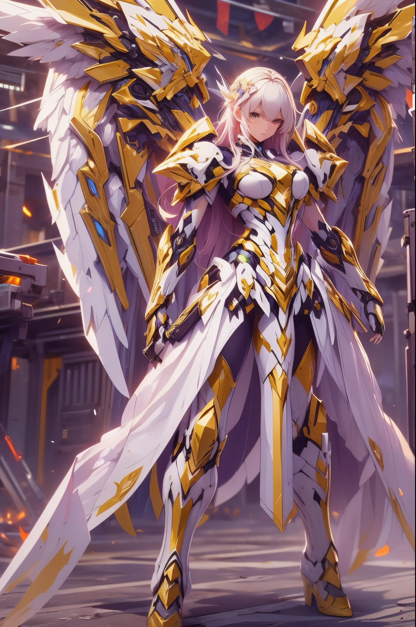 (best quality, masterpiece:1.4), high resolution, extremely details 8K unity CG wallpaper, (anime style, 2D illustration:1.3), BREAK girl, mecha girl, gundum impact, angel style, energy wings, huge mecha sword, golden and white theme armor, beauty background