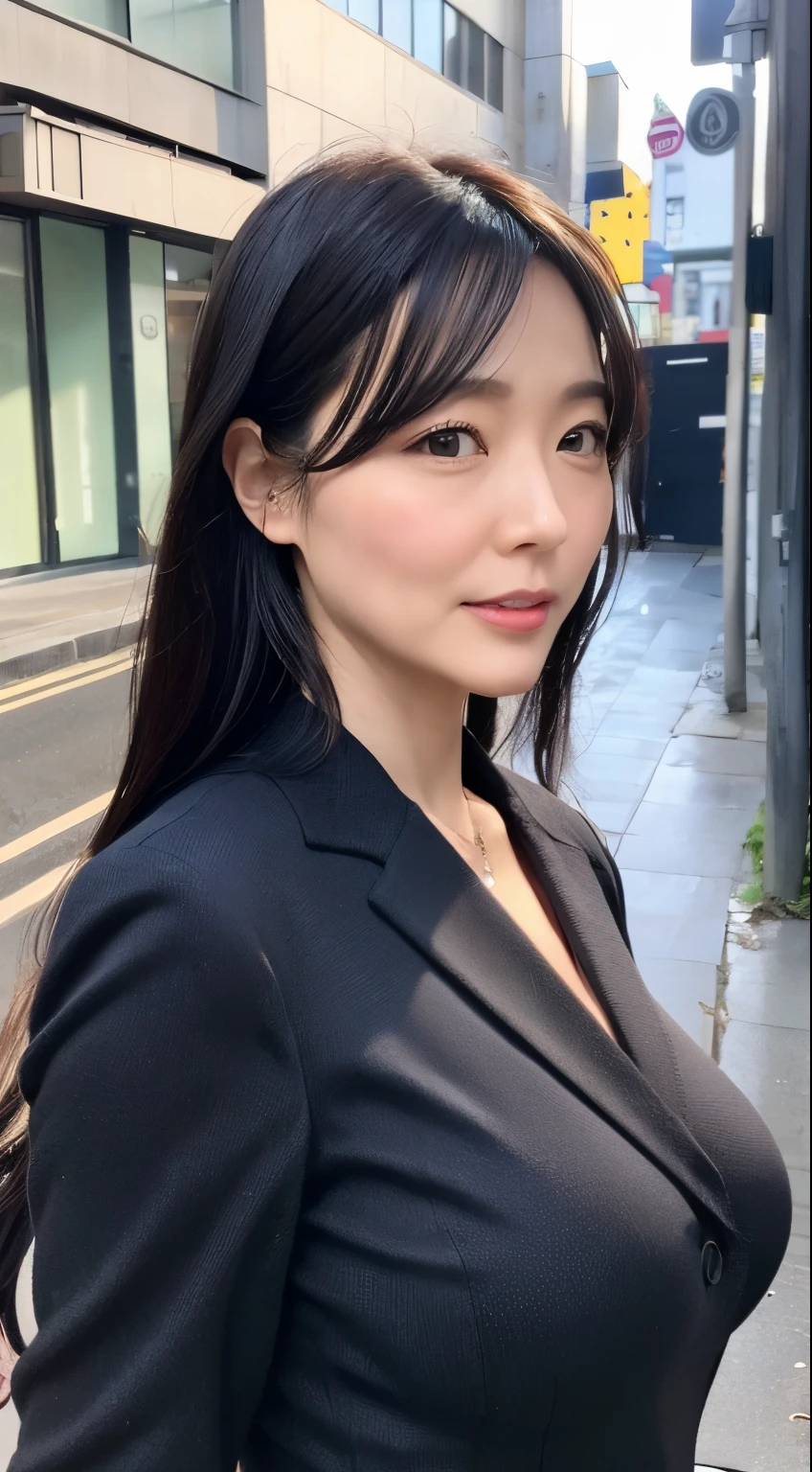 japanese, female, 42 years old, Mature, office lady, suit,  long hair, Black hair, Black eyes, Wrinkles in the eyes, with nasolabial fold, Colossal tits, narrow waist, wide hip, Best Quality, masterpiece, street,