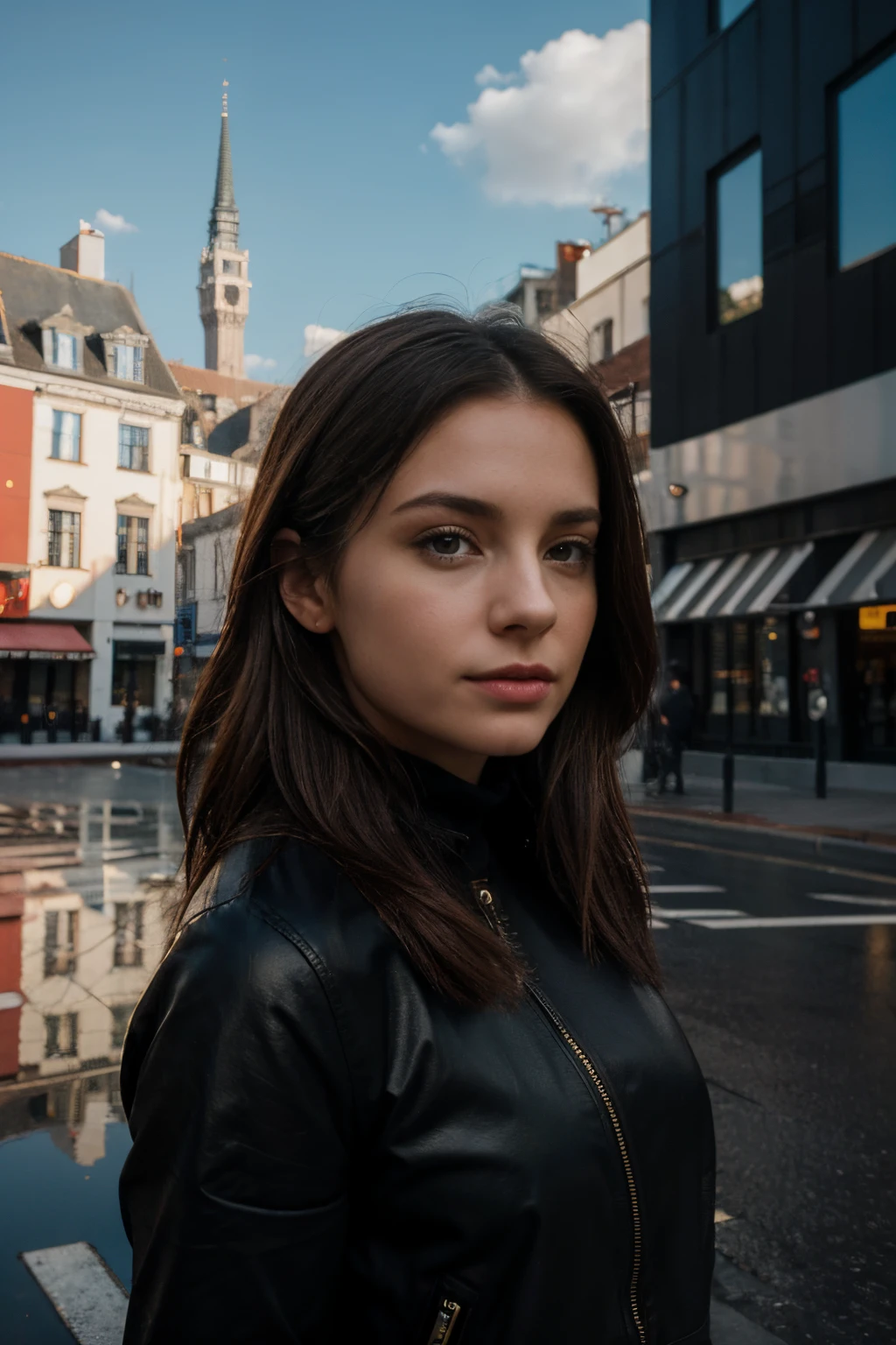 8k, highest quality, ultra details, Emma, European-American beauty, woman, urban cityscape, vibrant and dynamic, reflecting the energy of modern life.