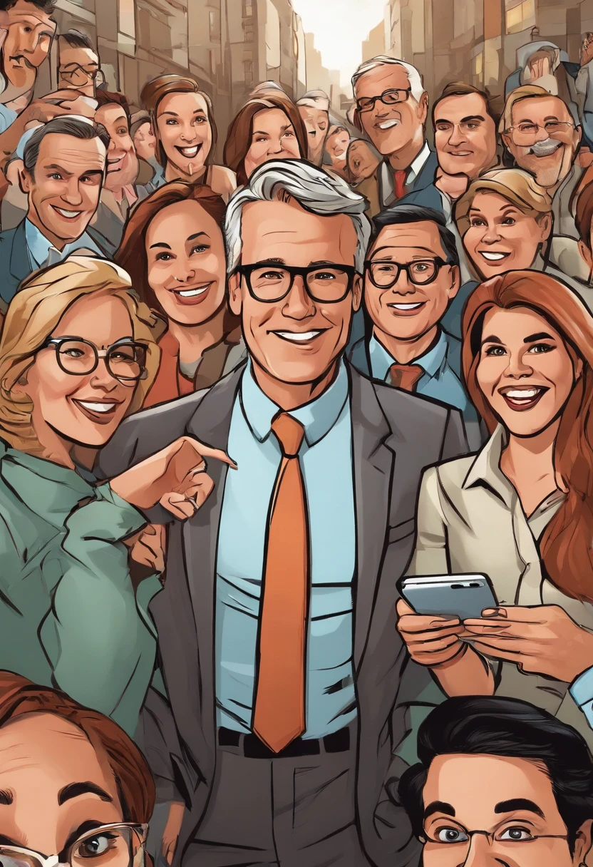 The image is of a frantic close-up selfie with a group of people in the background, as I passionately explain the benefits of extended warranties.,original,Middle-aged white guy in business casual attire. A bit nerdy