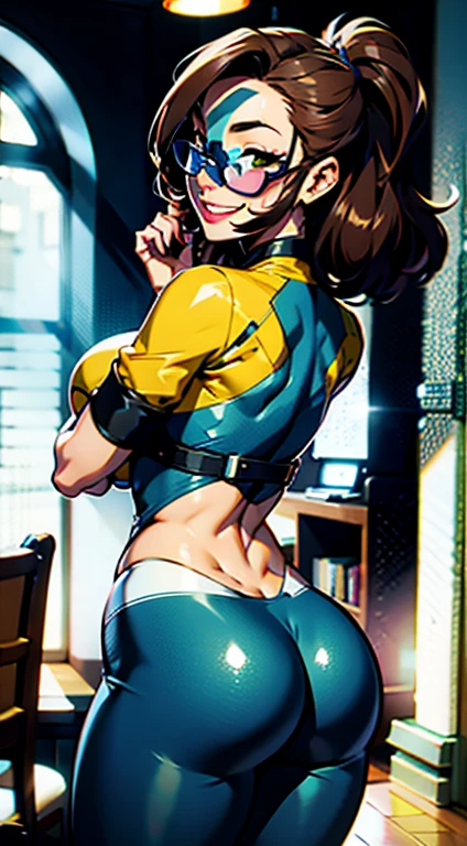MULHER USANDO PLUG , DE COSTAS PARA A CAMERA, SEGURANDO A BUNDA, ((BUNDA GRANDE)), SEIOS PARA FORA, ((REALISMO)), MAOS PARA TRAS, LOOKING AND SMILING A SMILE OF PHYSICAL SATISFACTION ((8K))