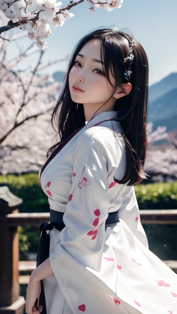 (A logo、​masterpiece、8K、masutepiece、Raw photo、Fantastic、Best Quality、Photorealistic、extremely detailed CG unified 8k wallpaper、hightquality、ighly detailed、epic poem、Particle effect、Dynamic effects、depth of fields、Cinematic Light、Lens Flare、Ray tracing)、Fantasia、 (Beauty 1 person、White Japanese Clothing、Japanese dress、White cherry blossom pattern、White cherry blossom embroidery pattern、A dark-haired、Beautiful face、Real Face、Beautiful detail eyes、Beautiful skin)、Hair flutters in the wind、Hair jumps、Pink cherry blossom tree、Petals flutter、Sakura blizzard、Superb view、morning glow、Sun in the background、the wind、Deities、tusk、myth、Vast Land、