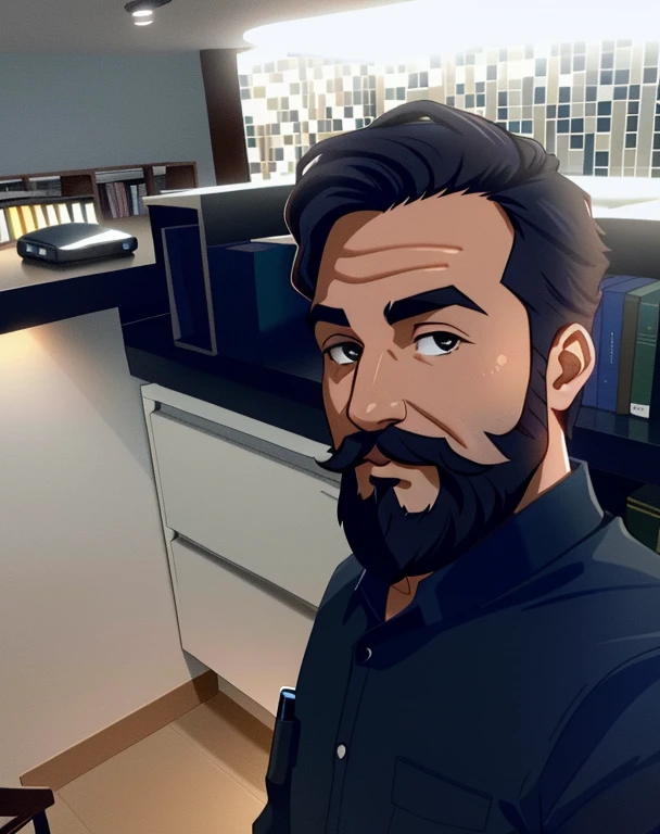 Um homem de barba parado na frente, illuminated by the light of a lamp, contra o pano de fundo de uma biblioteca