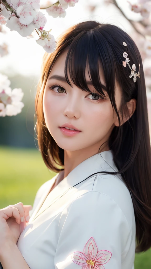 (A logo、​masterpiece、8K、masutepiece、Raw photo、Fantastic、Best Quality、Photorealistic、extremely detailed CG unified 8k wallpaper、hightquality、ighly detailed、epic poem、Particle effect、Dynamic effects、depth of fields、Cinematic Light、Lens Flare、Ray tracing)、Fantasia、 (Beauty 1 person、White Japanese Clothing、Japanese dress、White cherry blossom pattern、White cherry blossom embroidery pattern、A dark-haired、Beautiful face、Real Face、Beautiful detail eyes、Beautiful skin)、Hair flutters in the wind、Hair jumps、Pink cherry blossom tree、Petals flutter、Sakura blizzard、Superb view、morning glow、Sun in the background、the wind、Deities、tusk、myth、Vast Land、