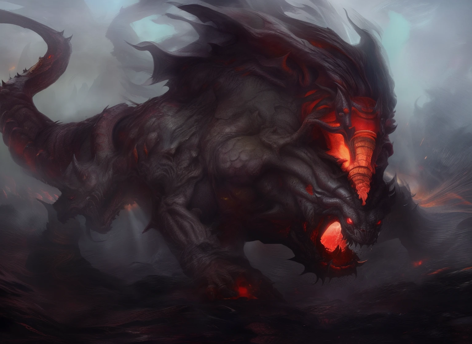 a close up of a demonic creature with a red light on its face, one a demon-like creature, one a demon - like creature, cacodemon, dragon vore art, z'gok. 8 k hd resolution, balrog concept art, monster concept art, hyper realistic fantasy monster, fat ripped satanic creature, fire golem creature