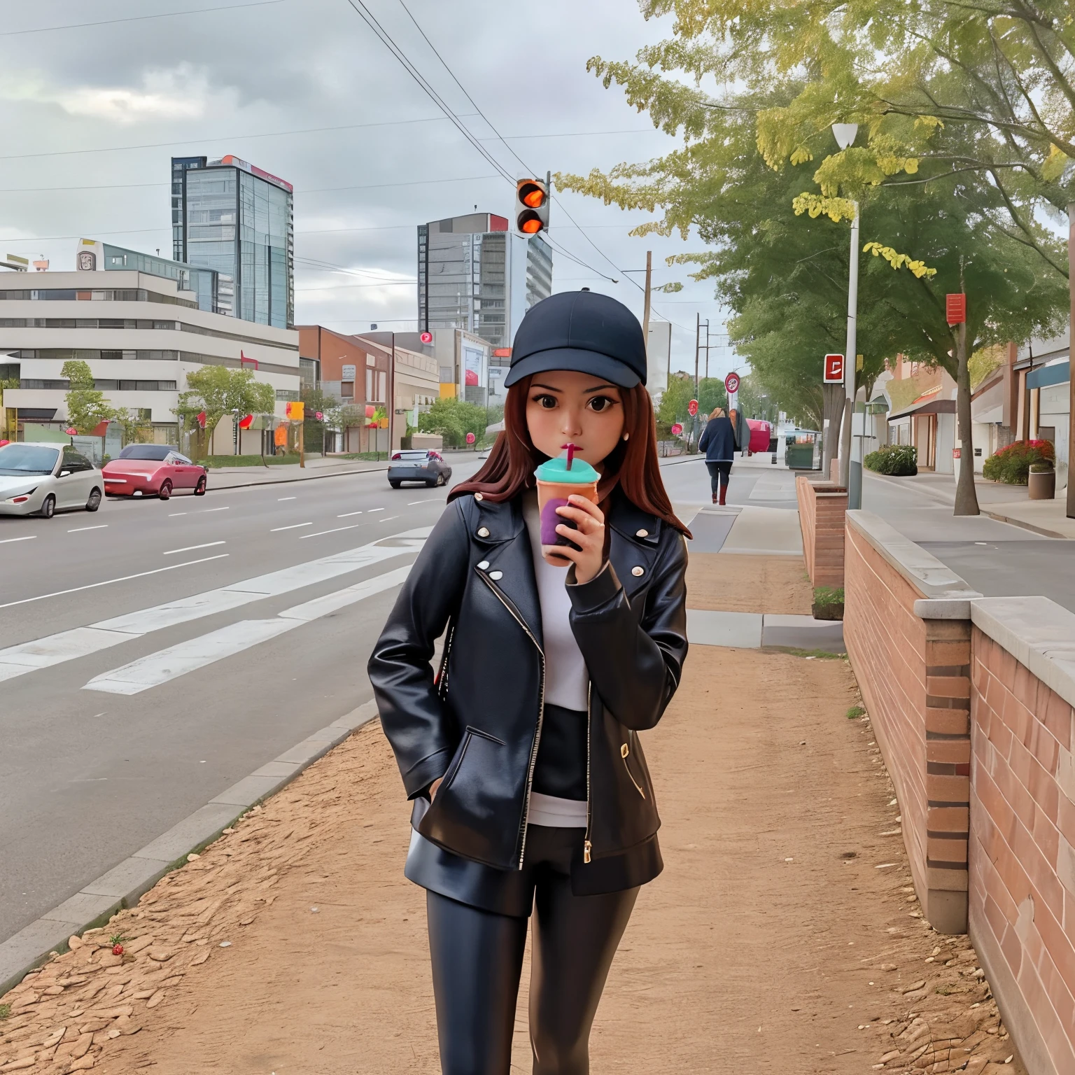 there is a woman standing on the sidewalk drinking a drink, drinking a strawberry iced latte, cold as ice! 🧊, holding a drink, drinking boba tea, standing in a city street, drinking a coffee, on a sidewalk of vancouver, standing in the street, with a park in the background, awkwardly holding red solo cup, standing in street, black leather jacket, black leggings, black boots