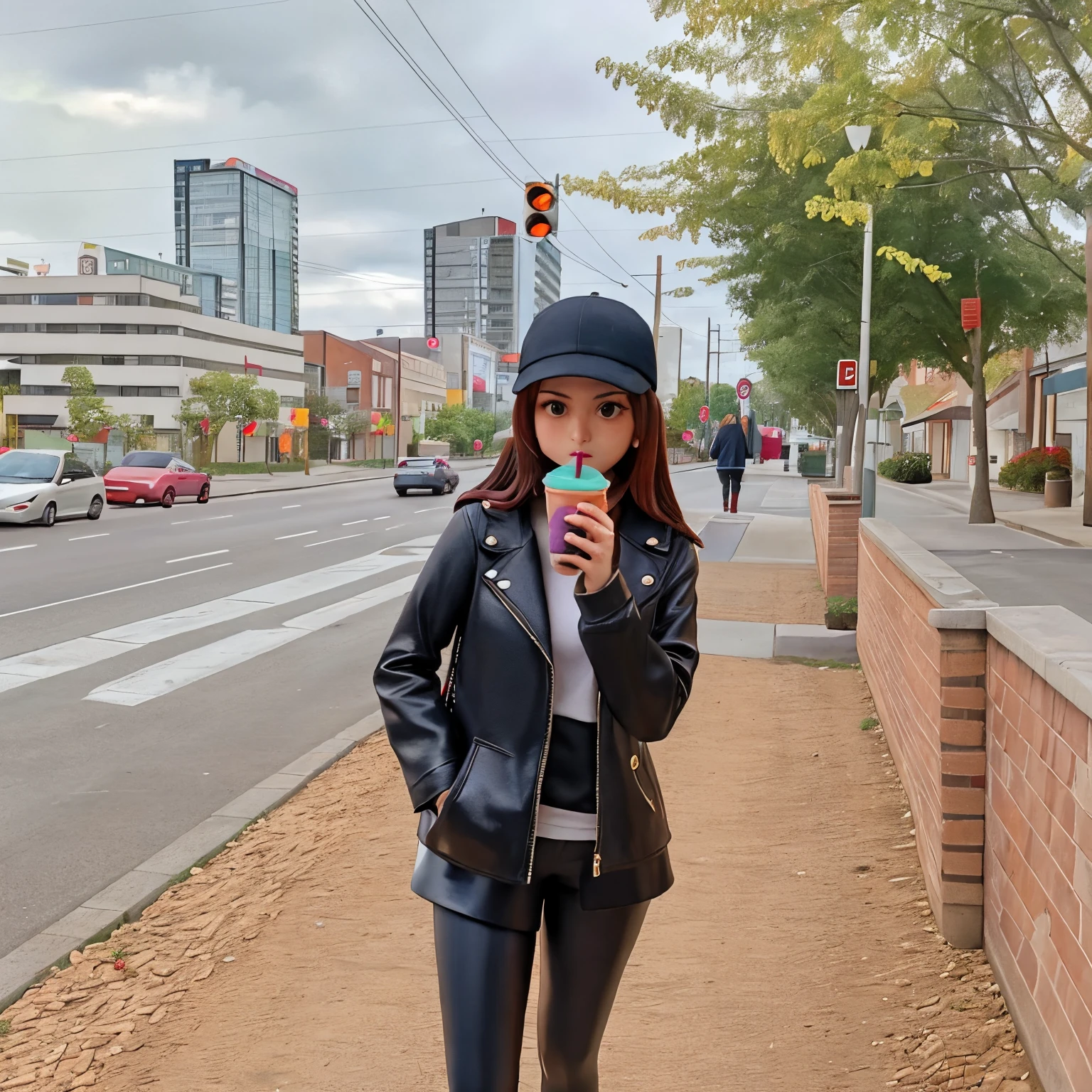 there is a woman standing on the sidewalk drinking a drink, drinking a strawberry iced latte, cold as ice! 🧊, holding a drink, drinking boba tea, standing in a city street, drinking a coffee, on a sidewalk of vancouver, standing in the street, with a park in the background, awkwardly holding red solo cup, standing in street, black leather jacket, black leggings, black boots
