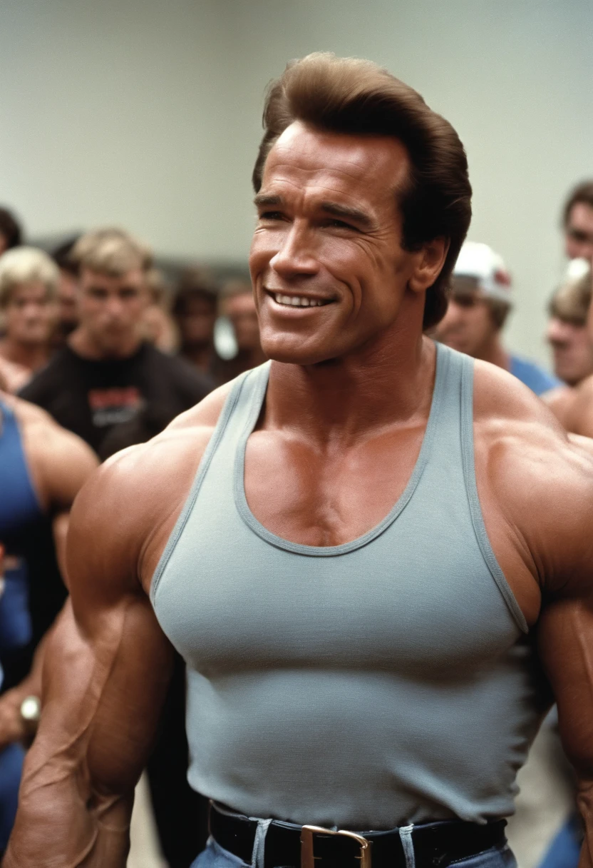 A photo of Arnold Schwarzenegger leading a group of bodybuilders in a friendly push-up competition,original,In the documentary “Pumping Iron,” Arnold Schwarzenegger exudes a towering and muscular physique, his body a sculpted testament to his dedication to bodybuilding. His appearance is marked by his signature confident swagger, a charming smile, and an almost palpable aura of self-assuredness., male
