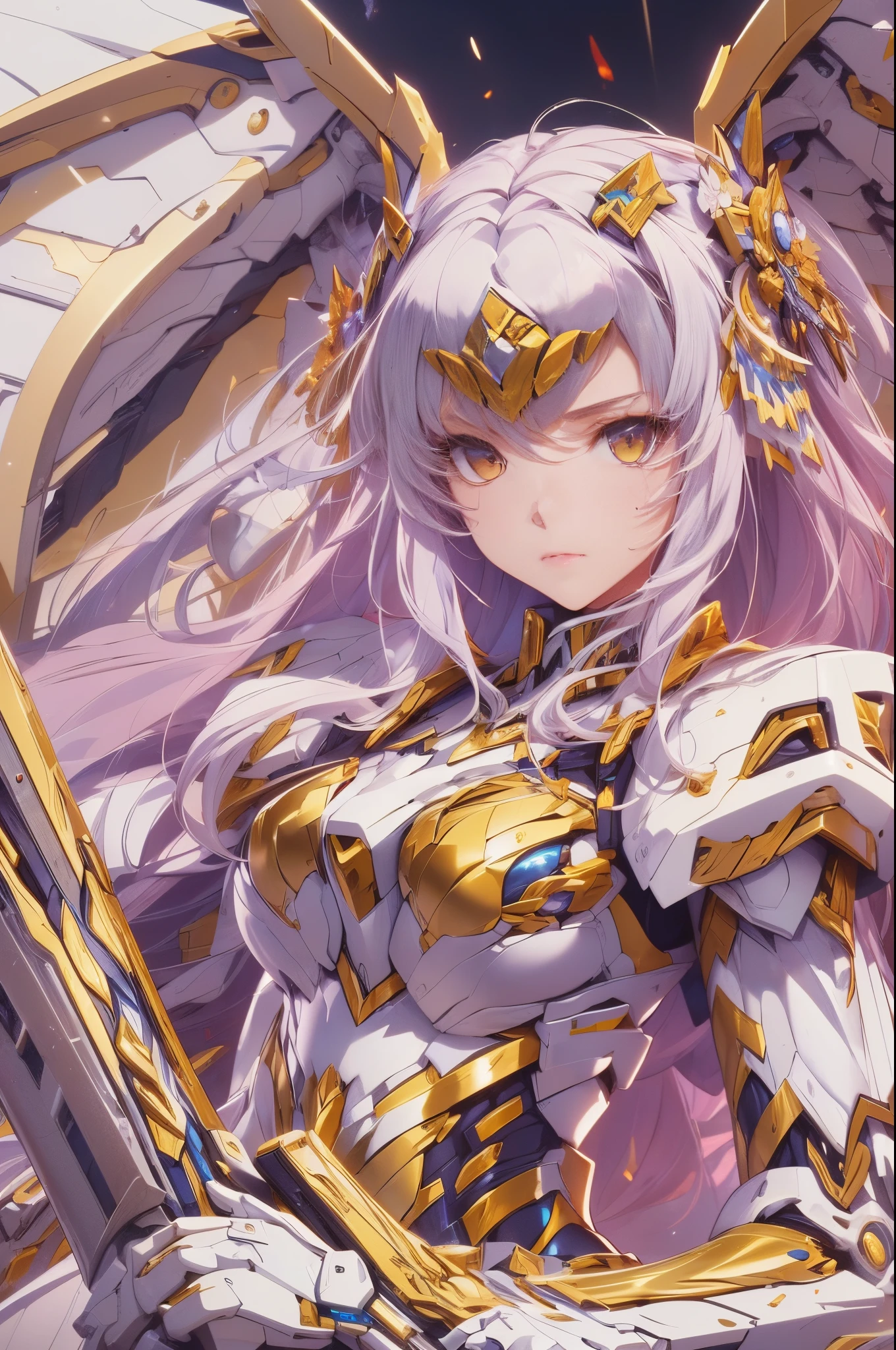 (best quality, masterpiece:1.4), high resolution, extremely details 8K unity CG wallpaper, (anime style, 2D illustration:1.3), BREAK girl, mecha girl, gundum impact, angel style, energy wings, huge mecha sword, golden and white theme armor, beauty background, medium close up