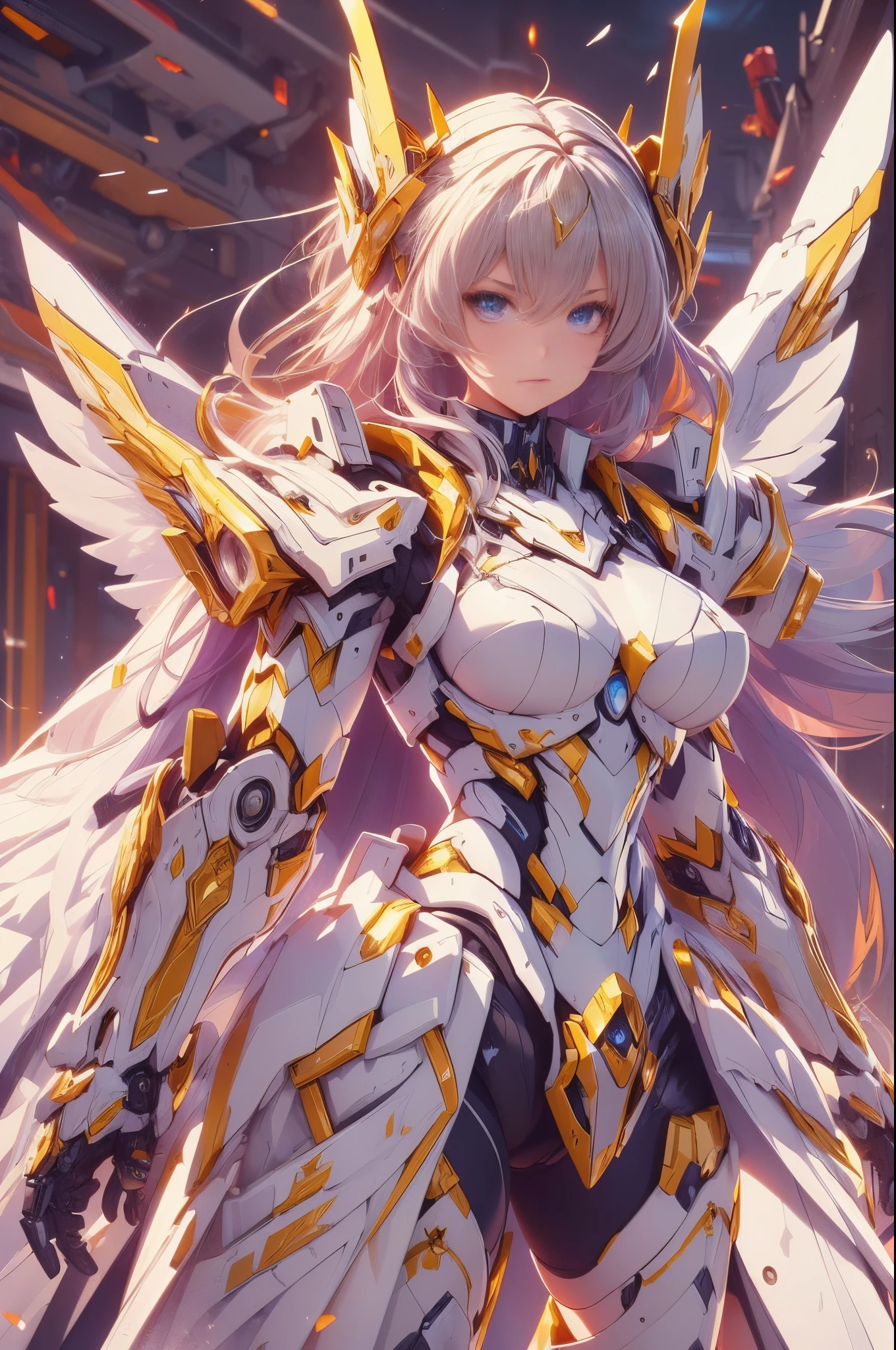 (best quality, masterpiece:1.4), high resolution, extremely details 8K unity CG wallpaper, (anime style, 2D illustration:1.3), BREAK girl, mecha girl, gundum impact, angel style, energy wings, huge mecha sword, golden and white theme armor, beauty background, cowboy shot