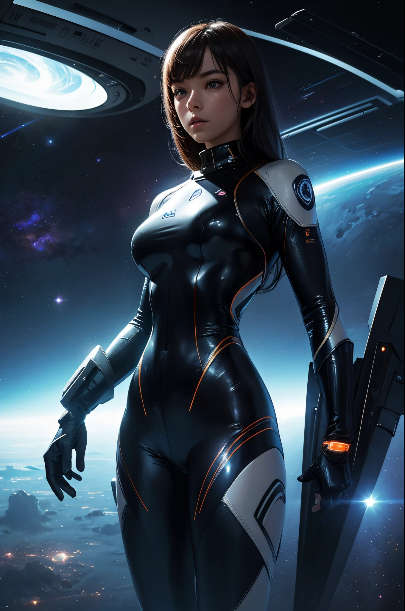 1girl,solo,best quality, masterpiece, 8k,raw photo, Year 2510, a Futuristic Sexy Space Woman wearing tight fitting bikini style space suit, stands at her giant view screen exploring space.