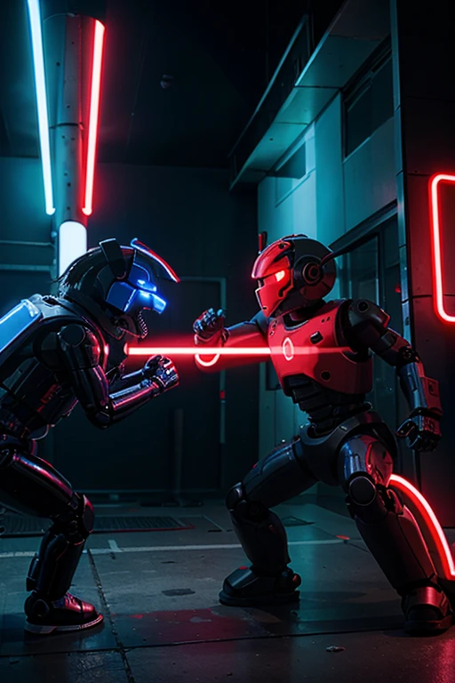 a robot dog in red neon who is a attacking a blue neon robot dog. They are fighting and ready to kill each other.