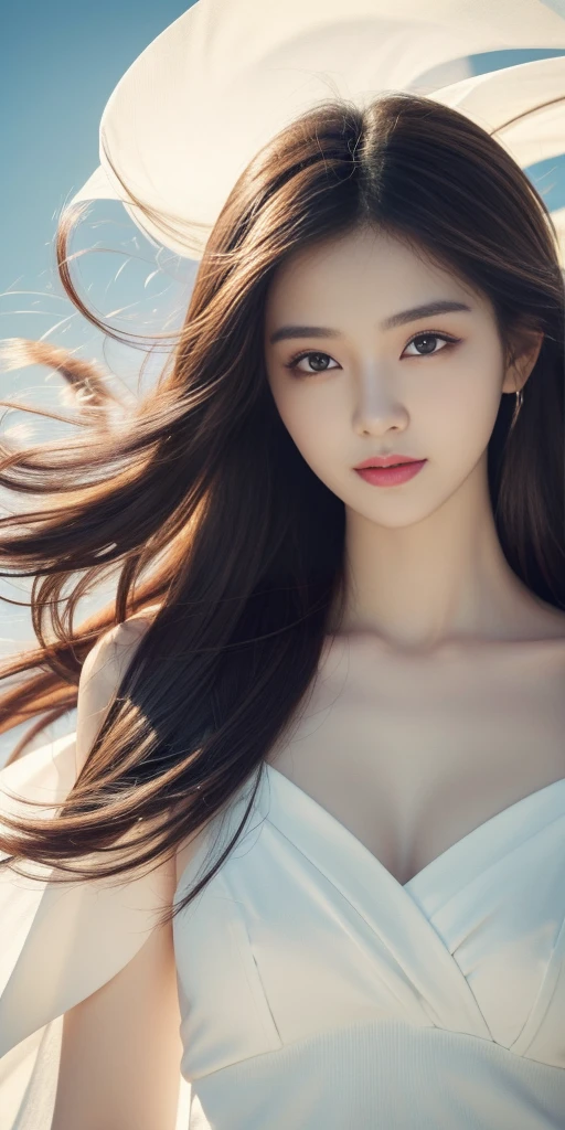 masterpiece, best quality, unity 8k wallpaper, portrait, ultra highres, high resolution, professional, ultra realistic, photorealistic, raw photo, insanely detailed, 4K, 8K, 16K, 64K, 1girl, solo, elegant, beautiful, aesthetic, attractive, romanticism, beauty, like a k-pop idol, beautiful detailed face, small face, beautiful detailed eyes, (brown eyes), cat eyes, smile, pale skin, beautiful detailed skin, detailed texture, sheer-black long hair, (hair blowing in the wind), ((detailed long hair)), soft curves, enchanting elegance, luminous radiance, elegant attire, captivating grace, irresistibly tempting, understated appeal, striking juxtapositions, evocative hues, vivid illumination, creative refinement, striking juxtapositions, evocative hues, captivating coloration, dramatic lighting, random highly detailed backgrounds, depth of field,