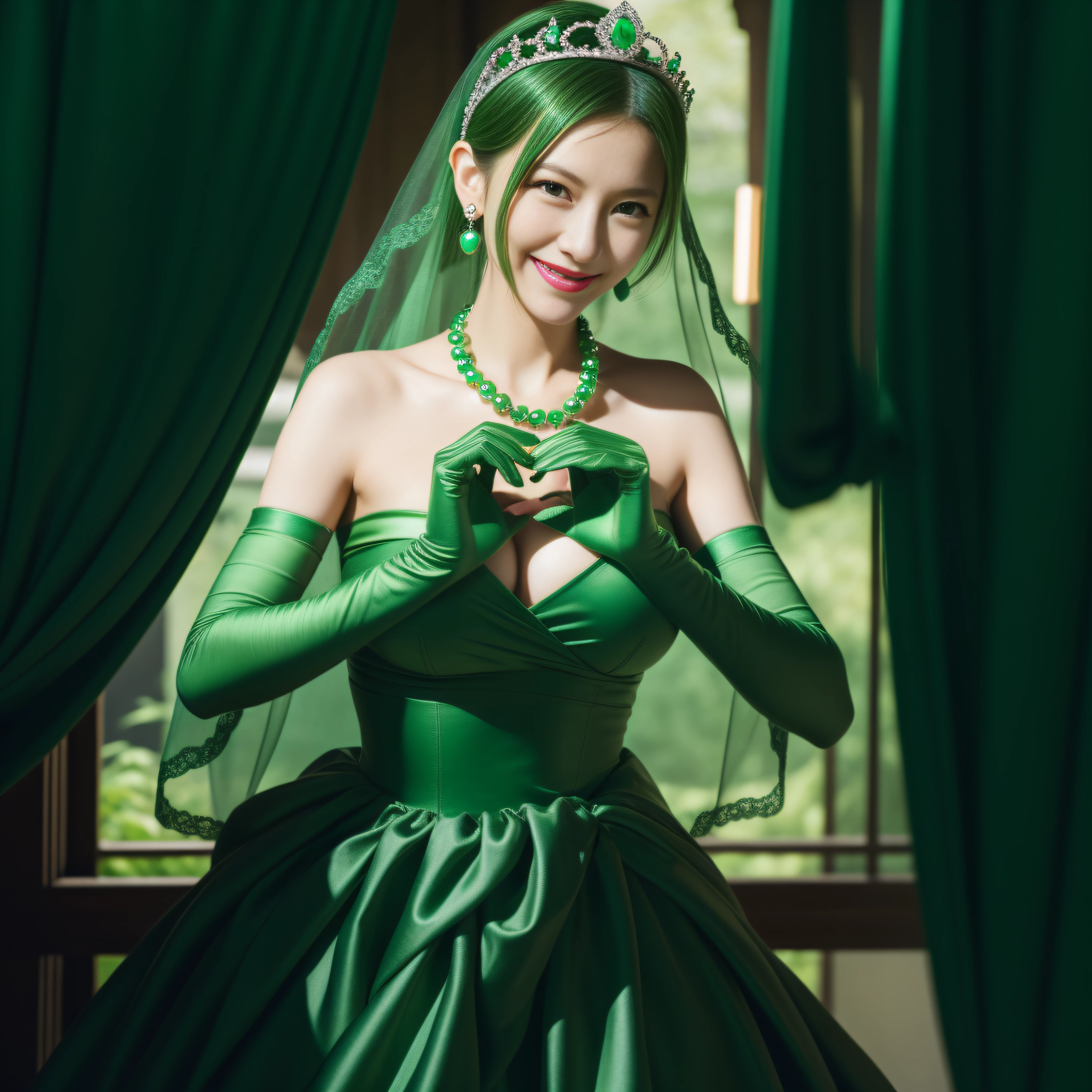 emerald tiara, Green Pearl Necklace, Boyish very short green hair, lipsticks, Japan woman smiling, very short short hair, big breasts beautiful, Green eyes, Long green gloves made of satin material, Green eyes, Emerald Earrings, green vale, Heart with both hands