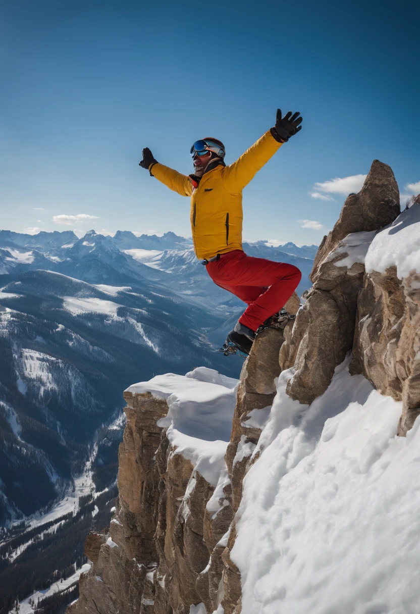 A candid shot of the ski instructor doing a one-handed handstand on the edge of a cliff, with a breathtaking mountain view in the background,original,a quintessential ski bum, lives and breathes the slopes of Jackson Hole, with his sun-bleached hair, weathered skin, and a perpetual grin beneath his mirrored goggles. His attire is a colorful mishmash of vintage ski gear, patched up from years of backcountry adventures, embodying his free-spirited and carefree approach to life.