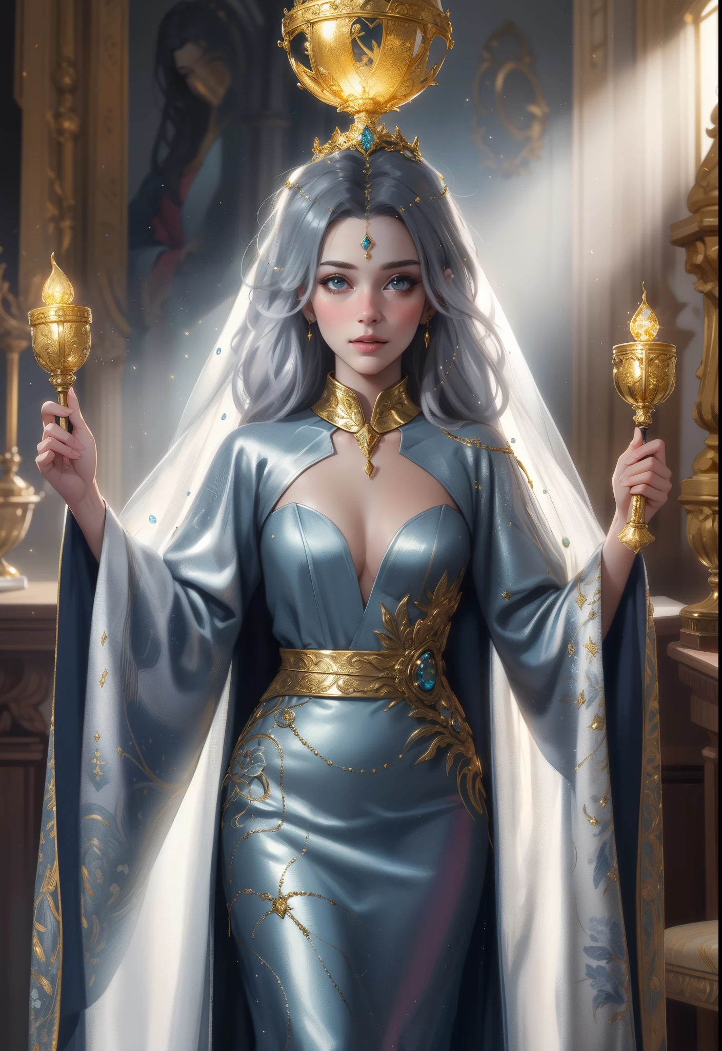 Beautiful process adorned with light and showered with gold. Very detailed and high definition. Lots of multicolored light all around her makingnher appear to be glowing. Realistic art style. Make the princess look like a real person. Dress her in either gold, sliver, or white robes.