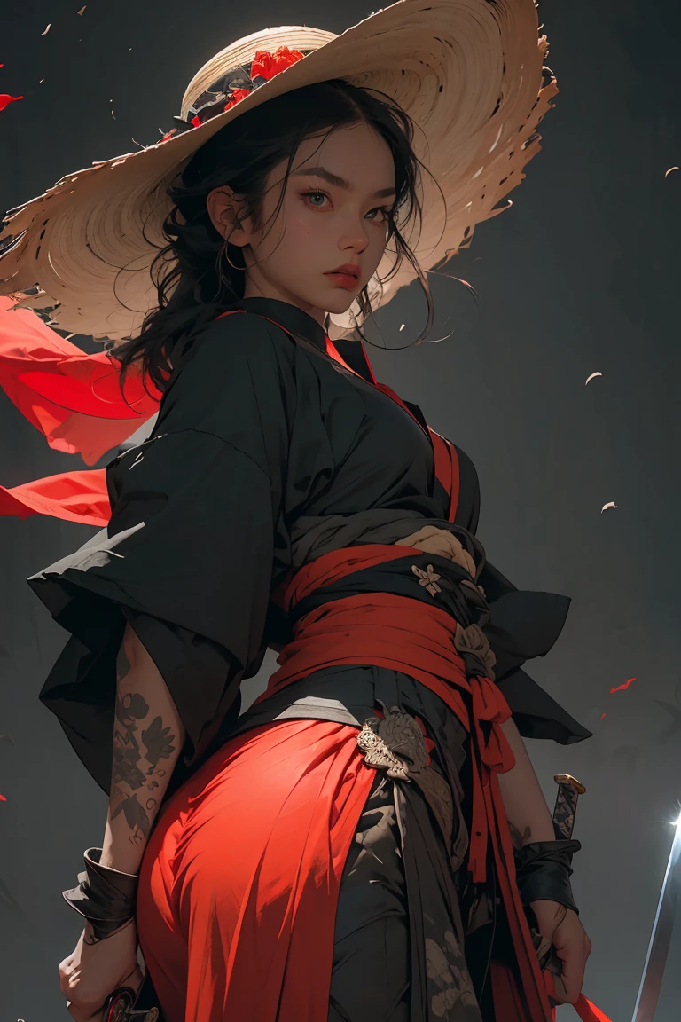 Best quality,masterpiece,ultra high res,(photorealistic:1.4)1girl,weapon,sword,long hair,black hair,holding,white background,solo,holding weapon,blood,holding sword,arm guards,simple background,male focus,blood on weapon,looking at viewer,black eyes,tabi,floating hairfull body,<lora:wuxia:0.8>,orange,,upper body,uchikake (wedding kimono),arms up,