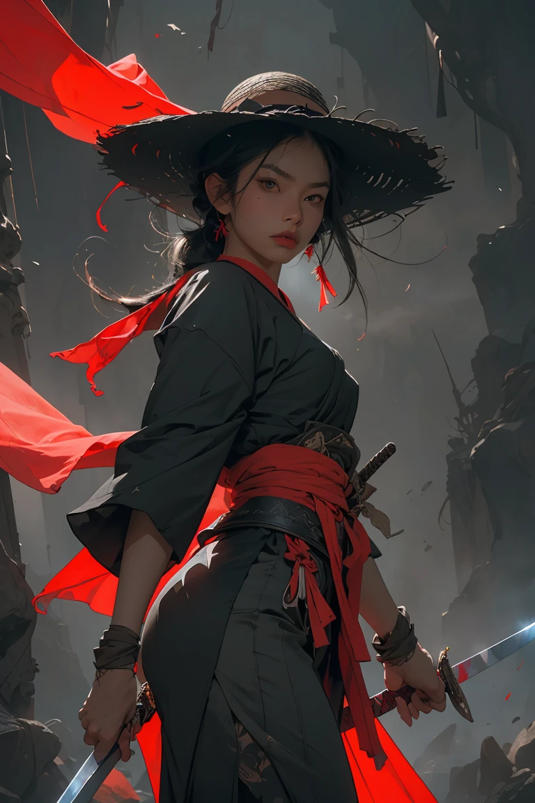 (RAW photo, 4k, realistic, exquisitely detailed skin), masterpiece, best quality, official art, unity 8k wallpaper, ultra detailed,(dark scene,low key,soft lighting), cinematic look,high saturation,best anatomy,volumetric fog,
a samurai male, slim body, cowboy shot,
1girl,weapon,sword,long hair,black hair,holding,solo,holding weapon,blood,holding sword,arm guards,simple background,blood on weapon,looking at viewer, glowing red eyes,tabi,floating hair, straw hat,