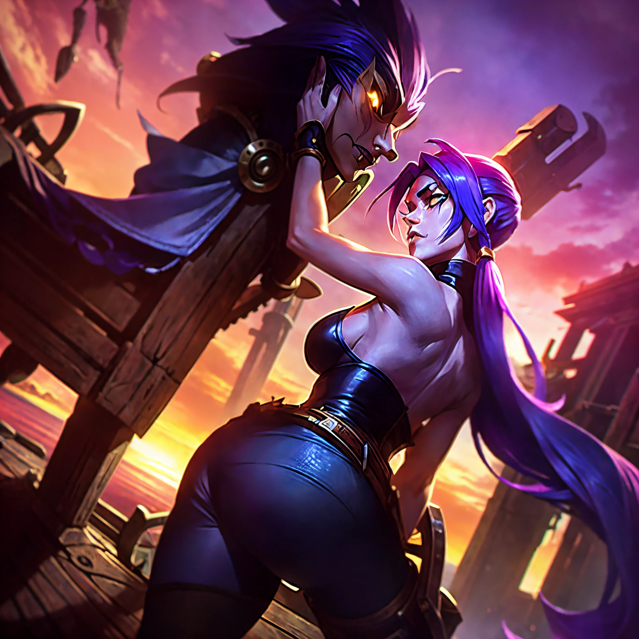 Jinx, the blue-haired agent of chaos from Arcane, stands on a dilapidated pier, her back to the camera, embodying the steampunk aesthetic of her world. Her voluminous pigtails, dyed an electric blue, cascade down her shoulders, swaying with the ocean breeze. She's clad in a haphazard ensemble that marries punk with steampunk: a cropped top with a skull buckle belt, loose pants, and an array of belts and holsters that cradle her eclectic mix of weaponry. As she tilts her head back to gaze at the camera, her light blue eyes, framed by the fading light of the near-complete sunset, betray a tumult of emotions—mischief mingled with a touch of madness. The green souls that float around her add an eerie luminescence to the scene, while her tattoos and arm wraps speak of a life less ordinary, etched with rebellion and resilience. The low angle of the shot captures the intimidating aura she exudes, even as her lips pout, hinting at the complex character beneath the fearsome exterior.