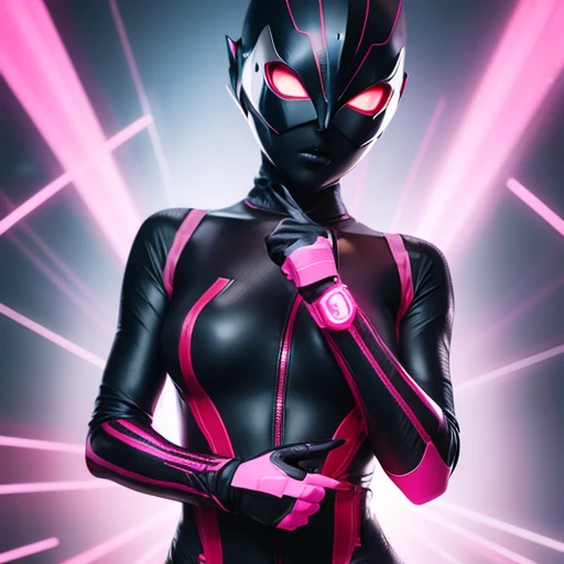 Ultraman Woman, (High quality)(The sheen)Covering her naked face with a black mask, Female Solo, Alien eyes shine。The whole body is covered with a black bodysuit, One female protagonist, Pink lines all over the body, Dark background,