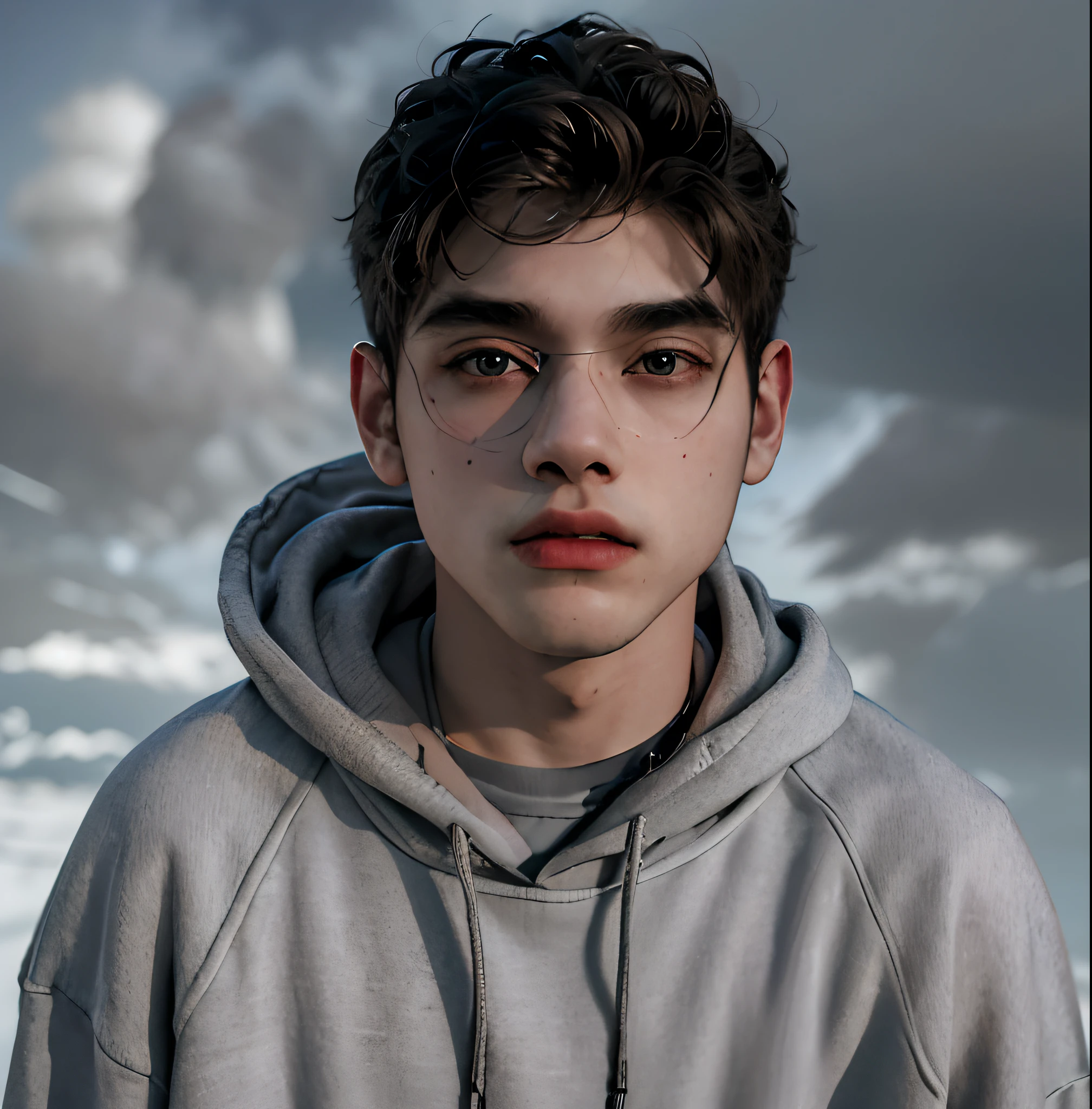 (masterpiece:1.2), (best quality:1.2), hyper realistic,highestres,absurdres,extremely detailed,volumetic,dramatic lighting,(frontal view),
20 year old boy,face,detailed eyes, gray hoodie, black t-shirt, with background ((sky))