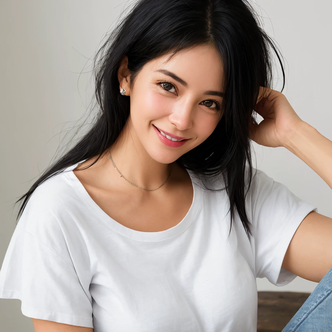 fotografia retrato de uma mulher de 40 anos, bold white basic t-shirt, jeans, confiante, pouca maquiagem, olhos verdes, messy black hair, da cintura pra cima,sorridente