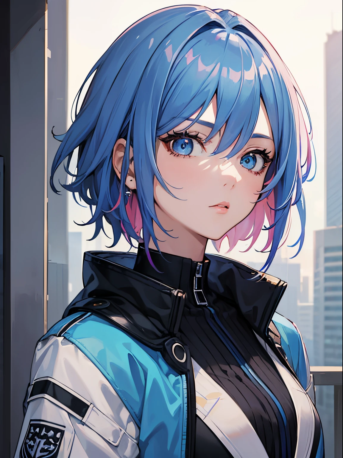 masterpiece, best quality, 1girl, blue hair with pink highlights, short hair, hime cut, blue eyes, oversize jacket, techwear, city background, detailed eyes, detailed facial features, realistic and high resolution (best quality, 4k, 8k, highres, masterpiece:1.2)