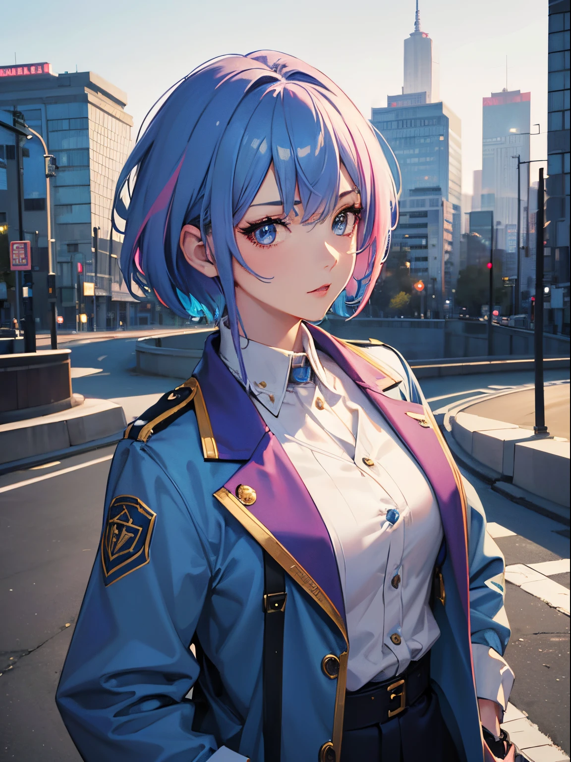 masterpiece, best quality, 1girl, blue hair with pink highlights, short hair, blue eyes, oversize jacket, city background, detailed eyes, detailed facial features, realistic and high resolution (best quality, 4k, 8k, highres, masterpiece:1.2)