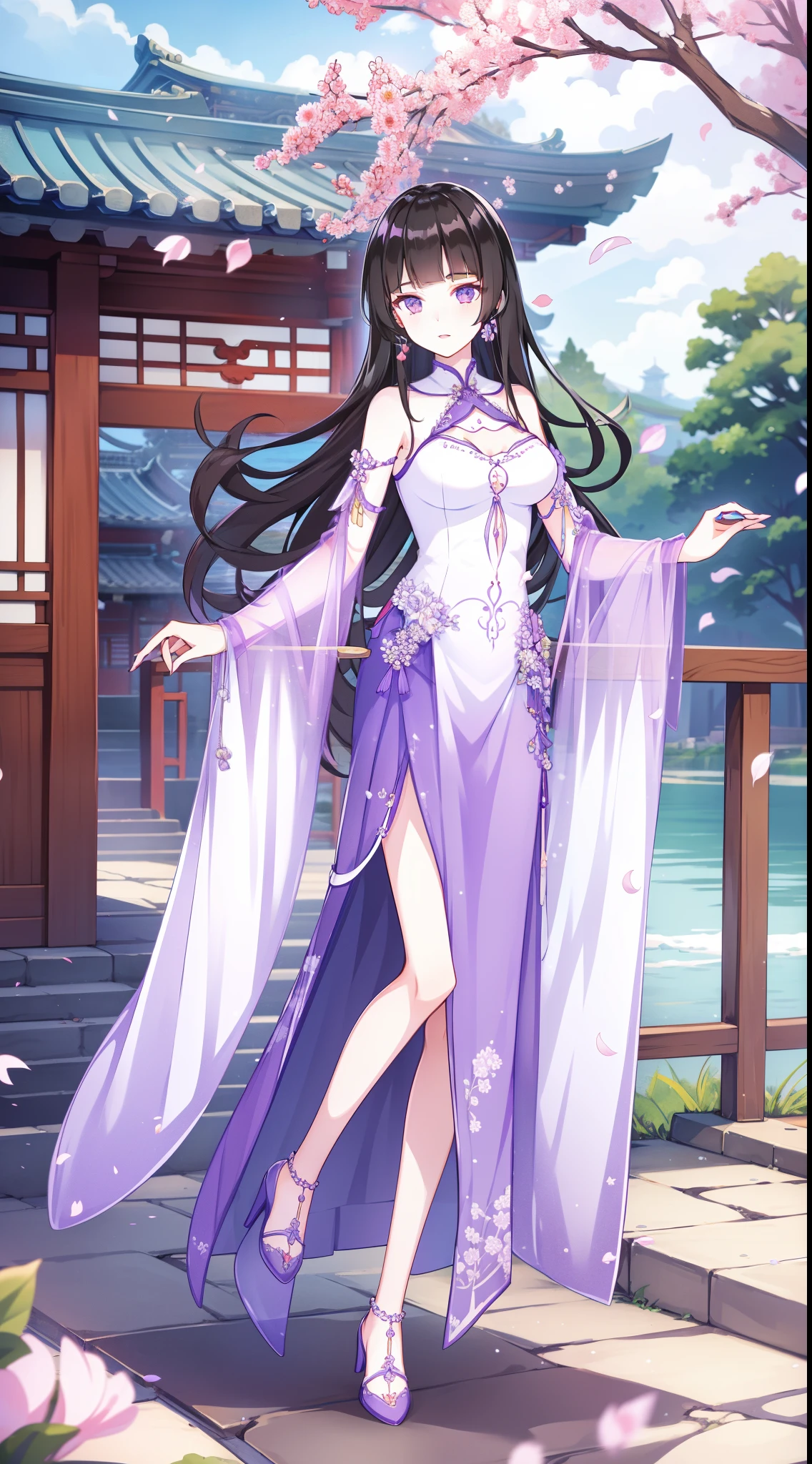 20岁女孩, long whitr hair，charming purple eyes，lusciouslips，long  skirt, Sleeveless, Elegant，Summer palace，Asian architecture，petals，tmasterpiece, high high quality