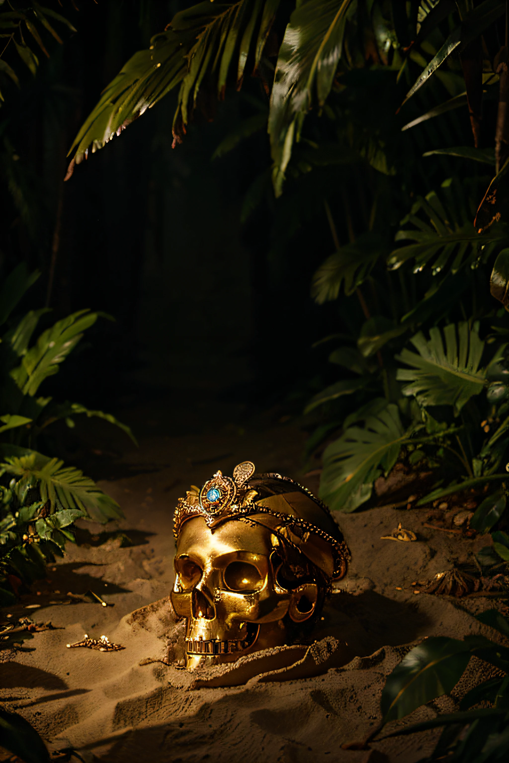 Generate a captivating image featuring a The scene unfolds in a dense jungle at day, golden skull with crown emerges from the shadows with sand and rock.