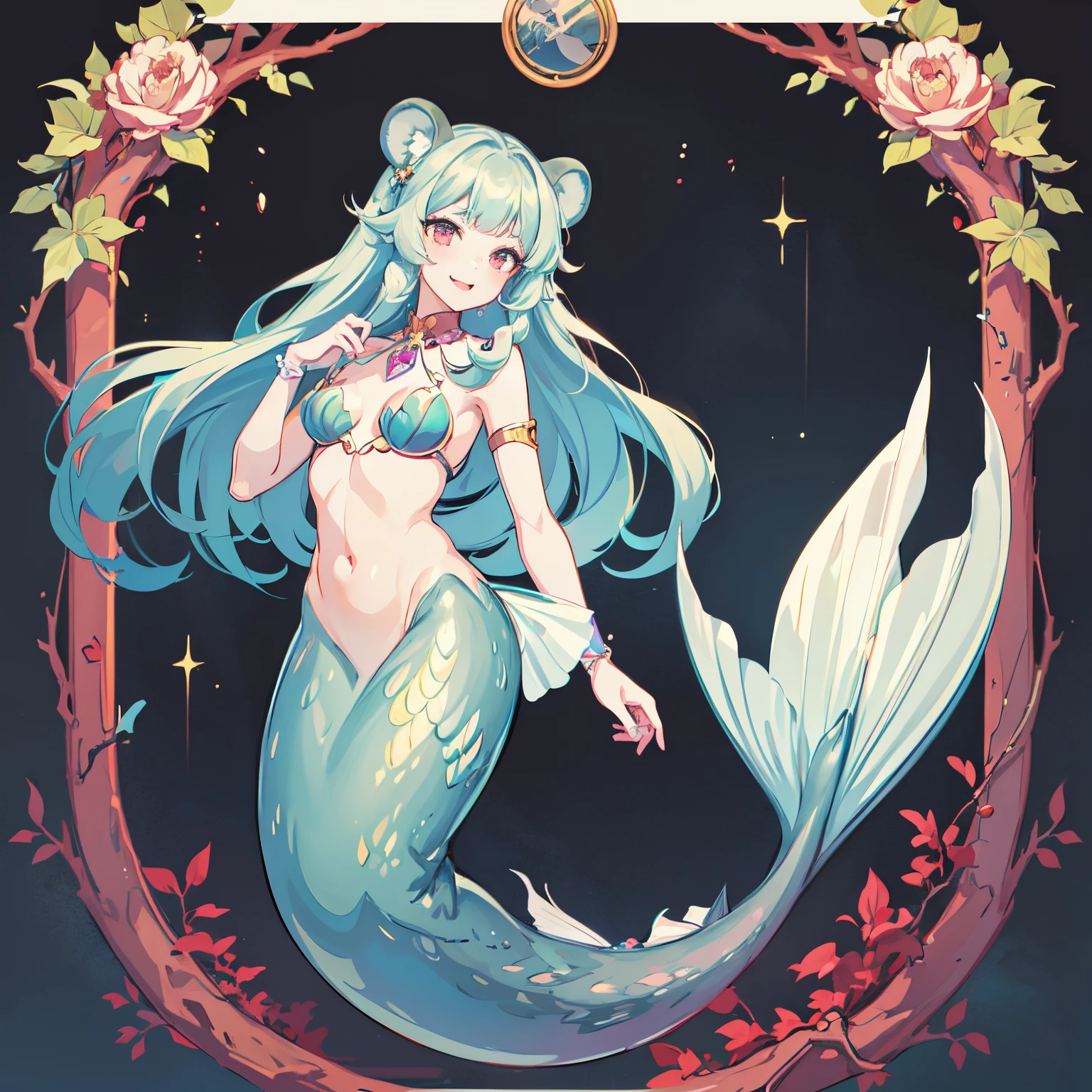Pretty anthropomorphic mouse girl magically transformed into a mermaid, fantasy, race swap, long fangs, is smiling, drawn in anime style, fishlike, very long curly white hair, red eyes, white fur, slim body, whiskers, mouse ears, long mermaid tail below waistline, cyan fish scales, pelvic and dorsal fins, a pair of fish gills on her torso, seashells bra, pearl earrings and bracelets, pearl necklace, swimming underwater, ocean depth, Highly detailed, masterpiece, high quality, 4K.
